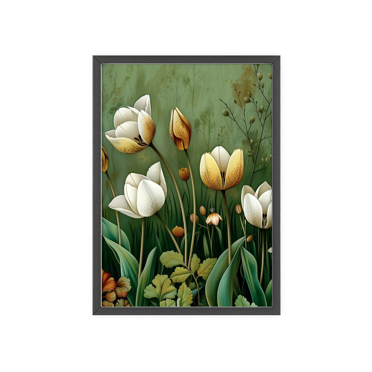 Vintage-style framed poster featuring delicate tulip blooms in soft, muted colors