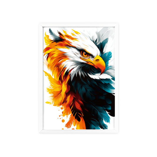 Striking digital illustration of a mystical eagle with geometric shapes and vibrant colors, part of the Mystical Beasts Collection framed poster series.