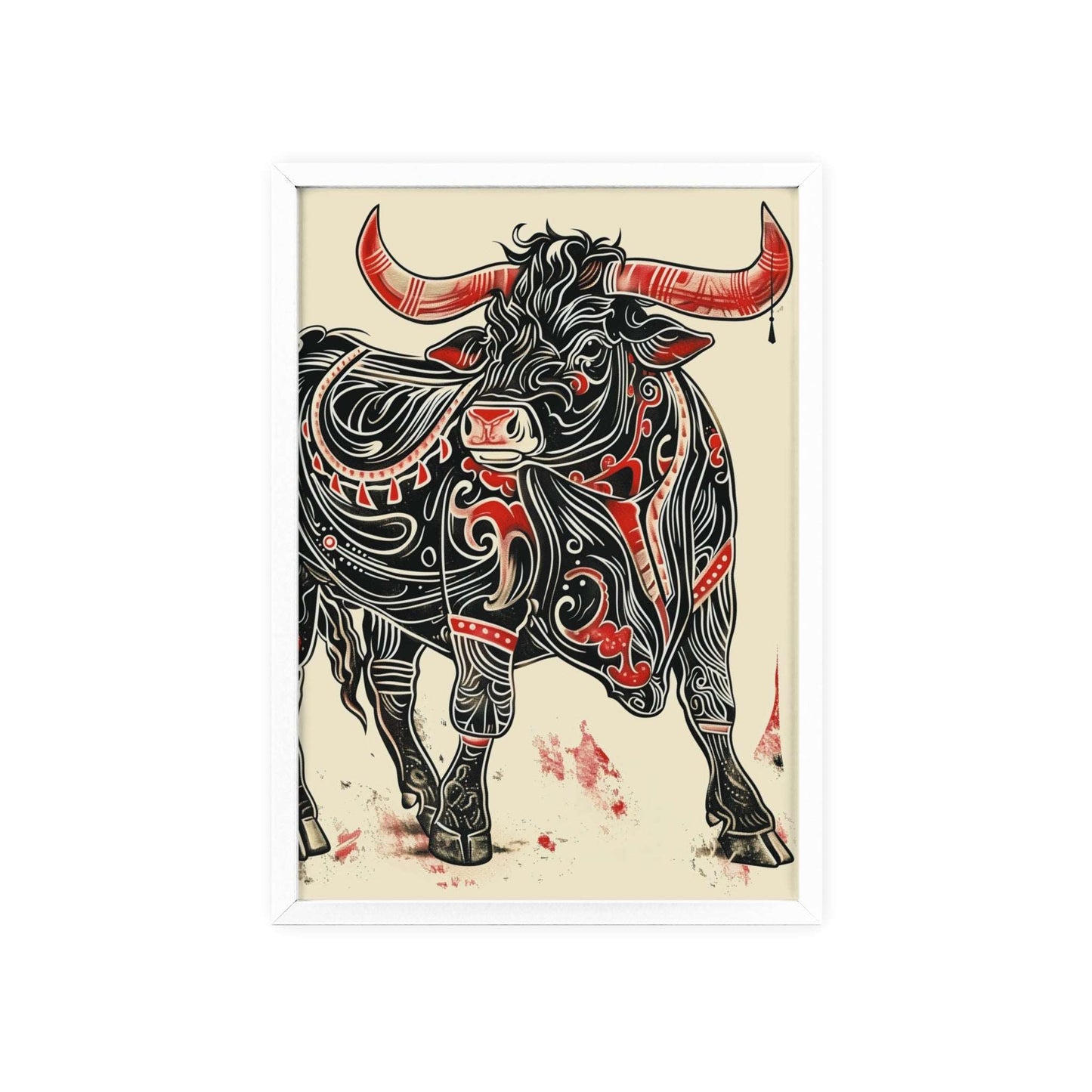 bull poster, animal art, bold design, black and red, wildlife decor, intricate patterns, nature illustration, wall art, dynamic artwork