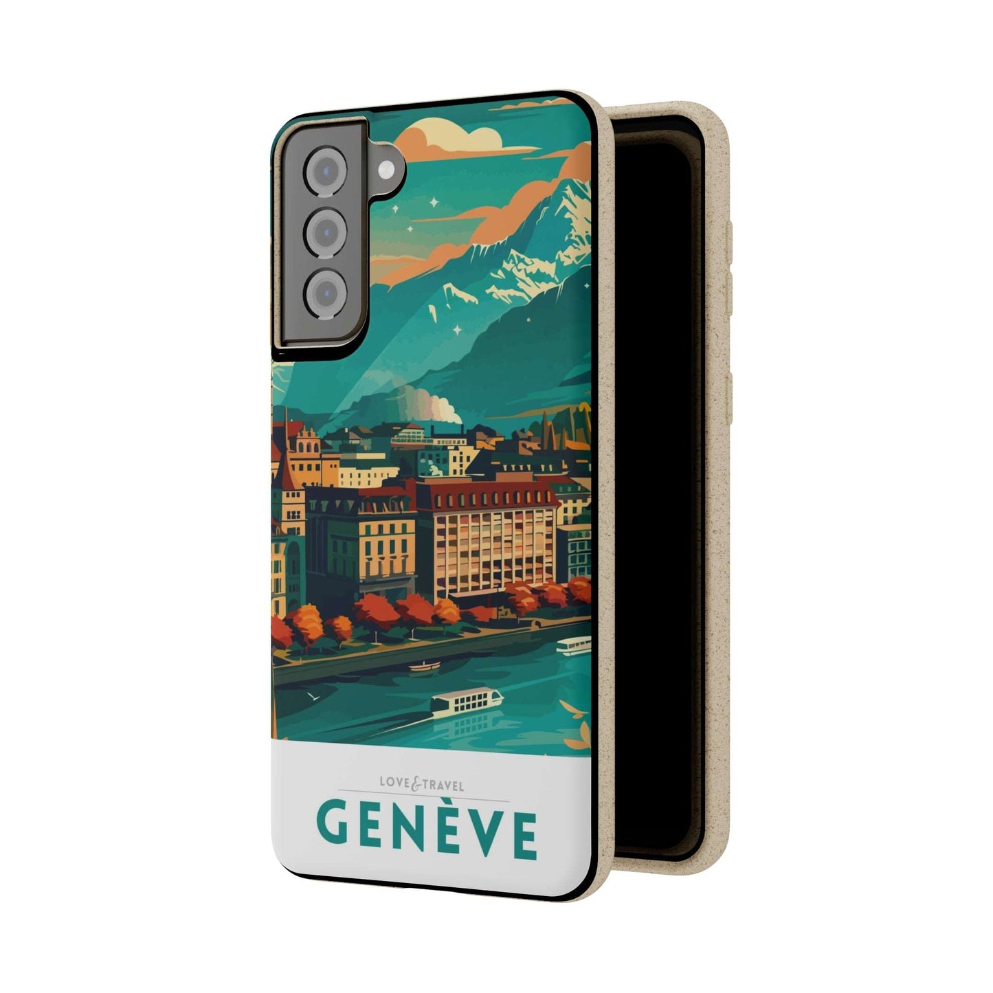 Colorful biodegradable phone case featuring a stylized travel poster design of Geneva, Switzerland.