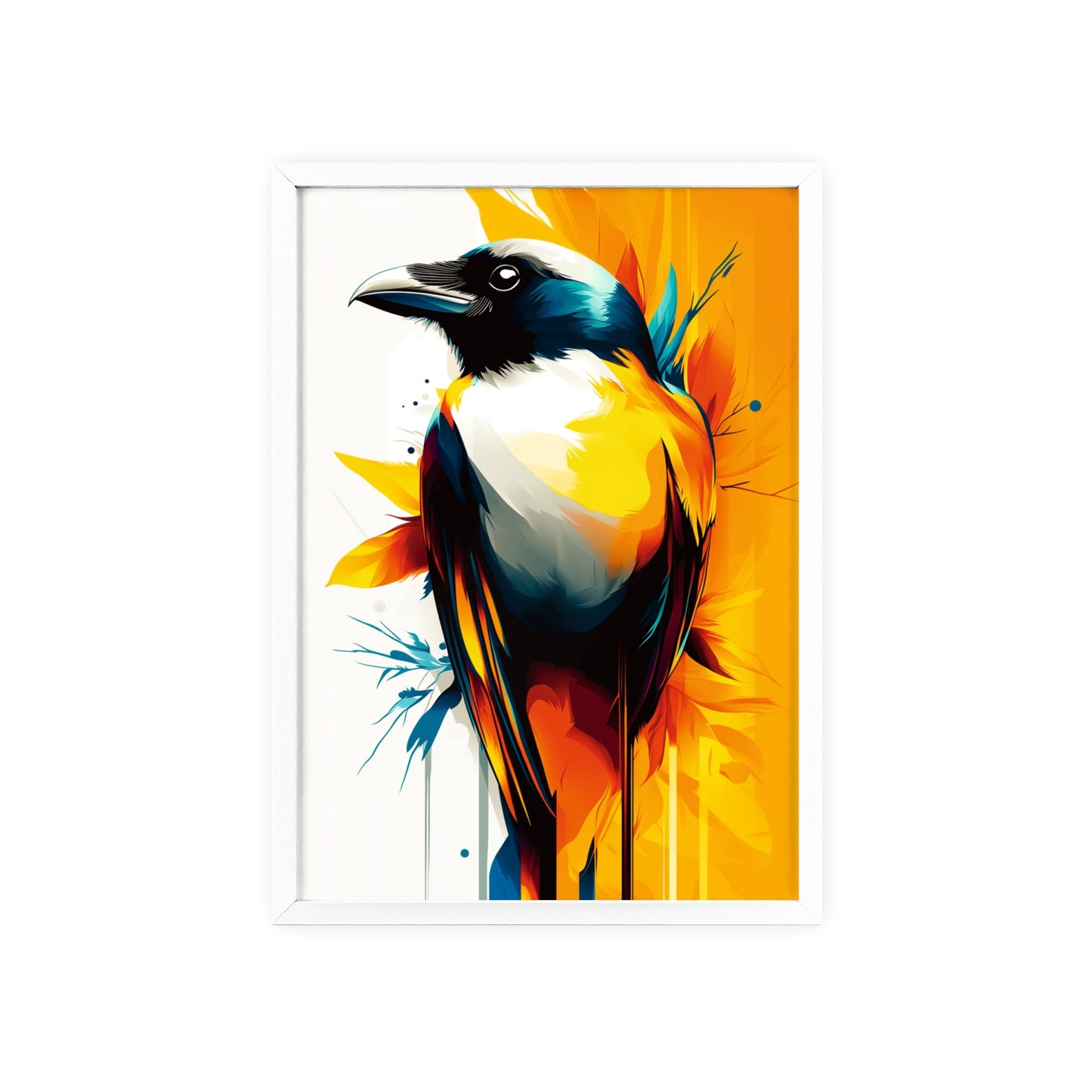 Striking digital illustration of a mystical crow with abstract shapes and vibrant colors, part of the Mystical Beasts Collection framed poster series.