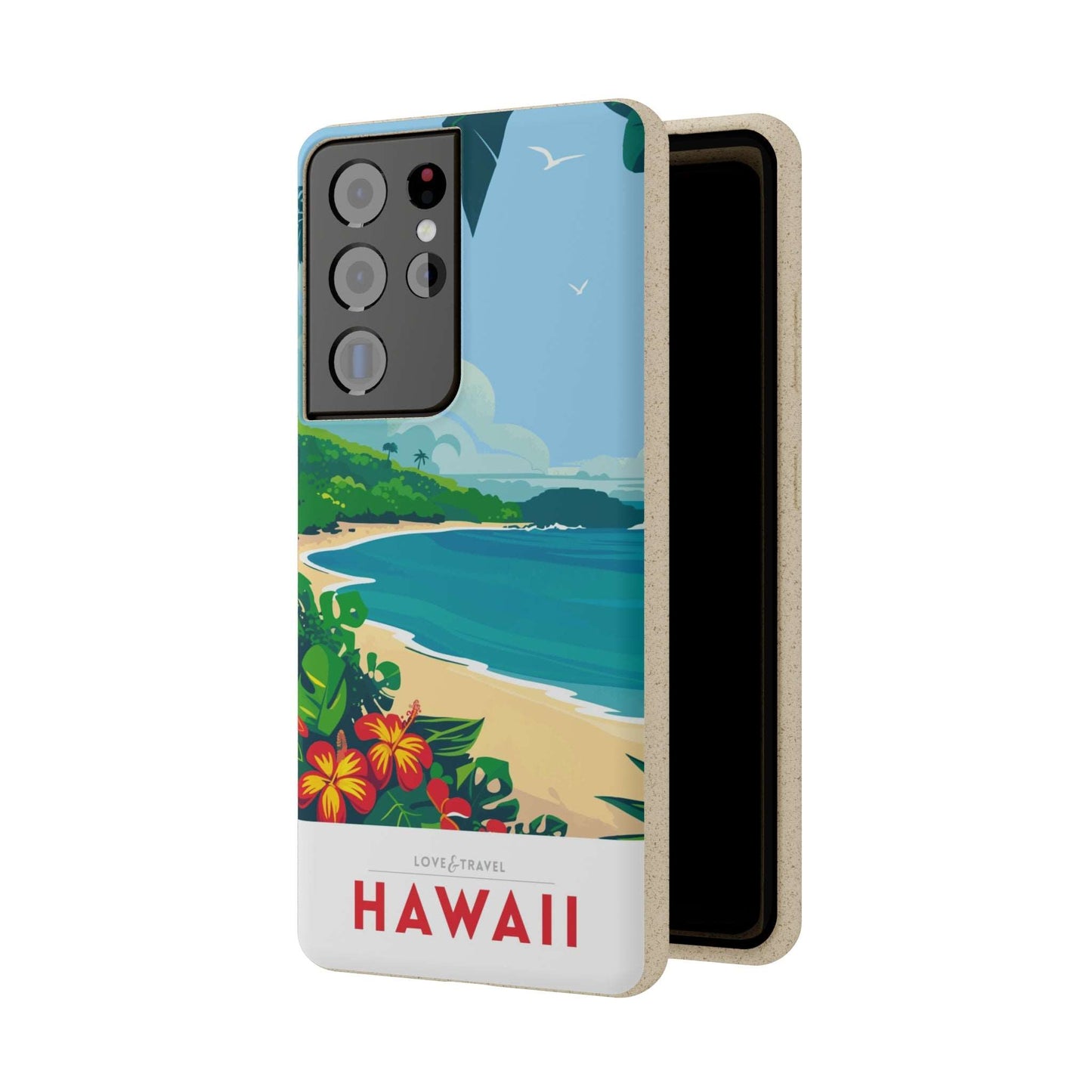 Vibrant biodegradable phone case featuring a colorful Hawaii-inspired travel poster design.