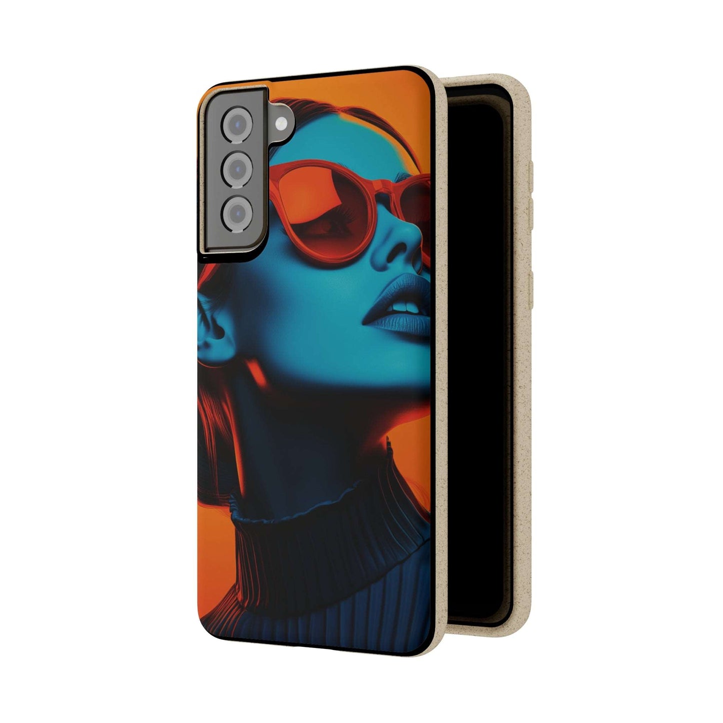 Madrid Modern Global Portrait phone case with a young woman, biodegradable, eco-friendly, and wireless charging compatible.