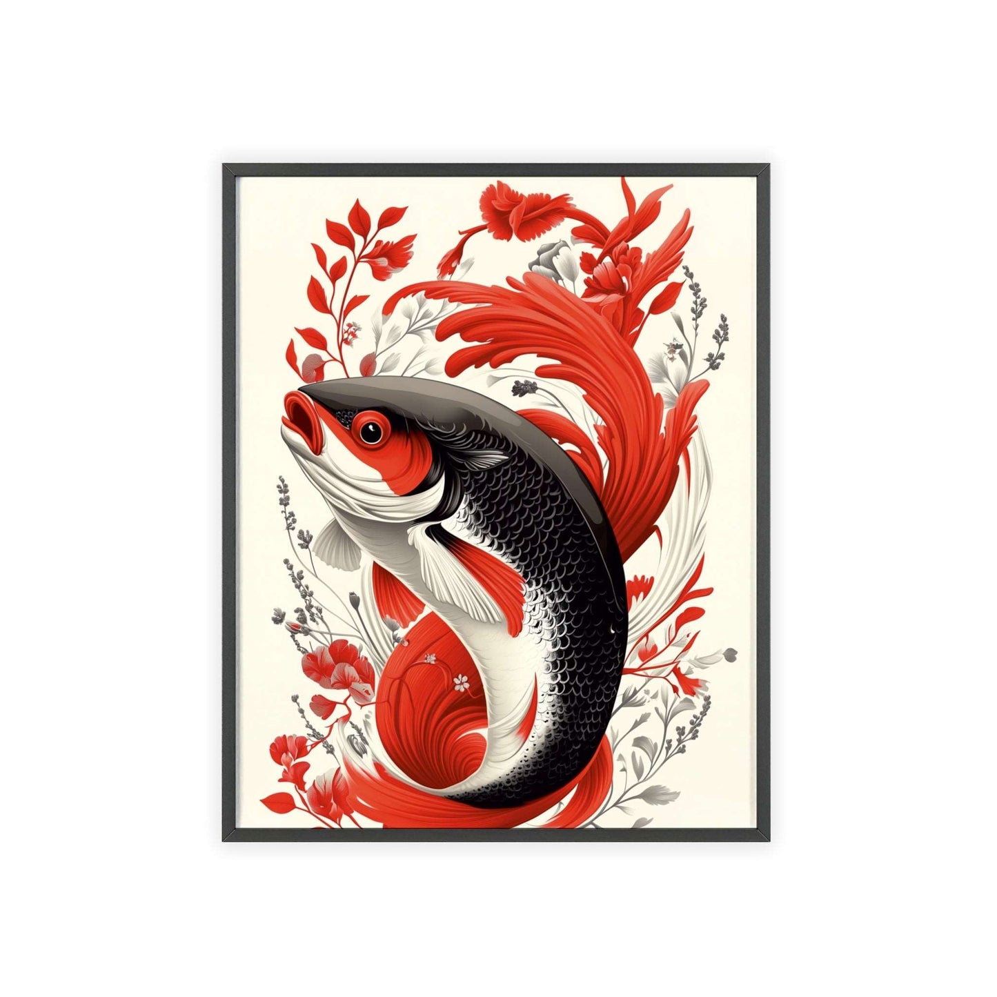 Framed poster of a stylized salmon surrounded by vibrant red flowers.