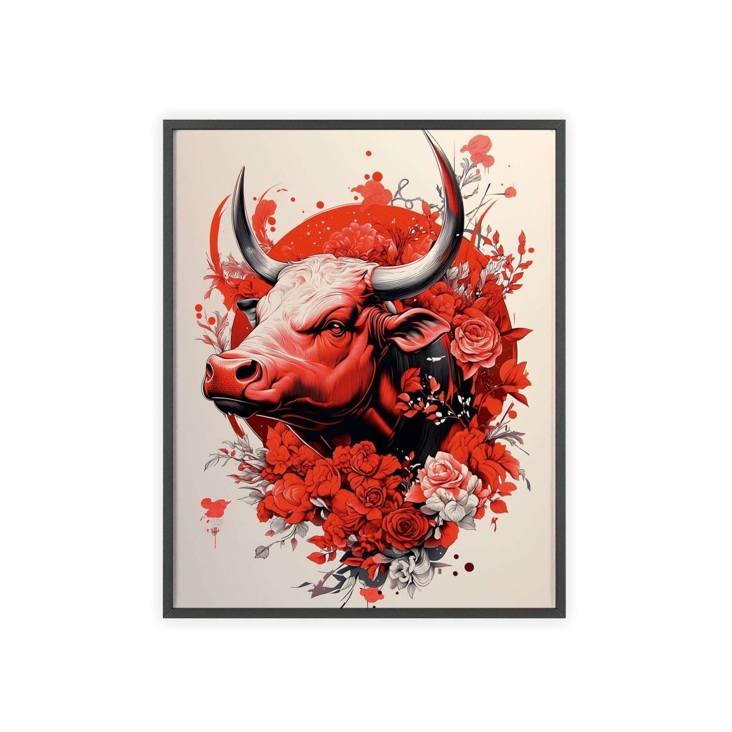 Framed poster featuring a stylized bull surrounded by red flowers