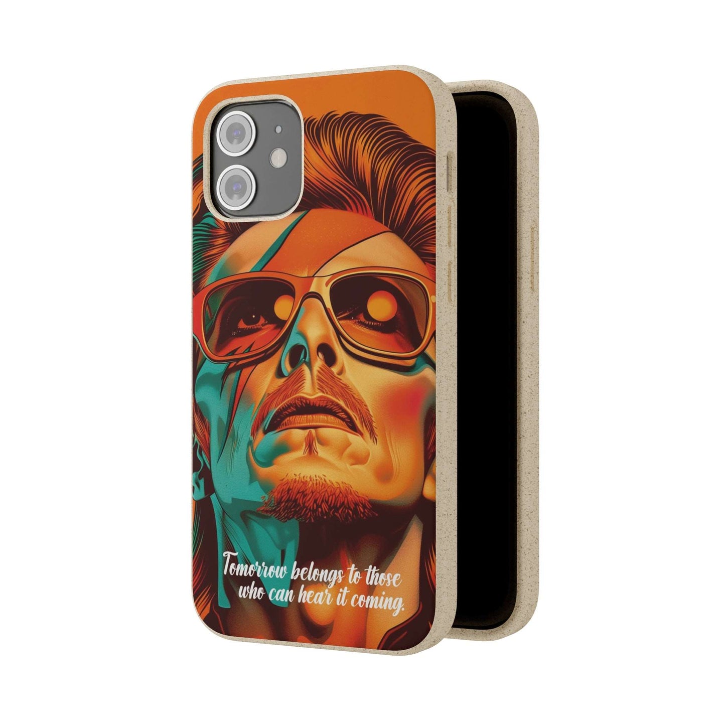 Colorful biodegradable phone case with David Bowie's quote "Tomorrow belongs to those who can hear it coming"