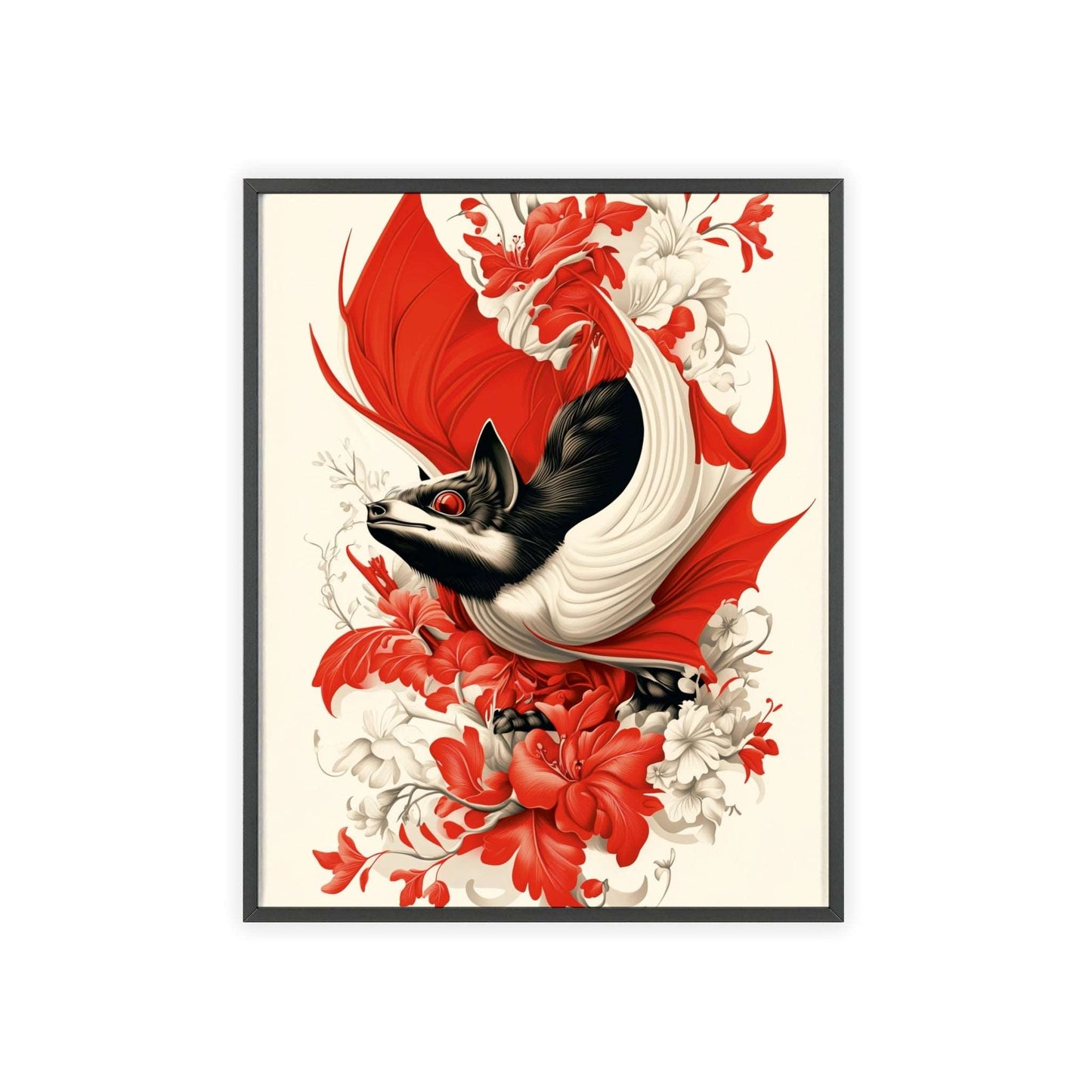 Framed poster featuring a stylized bat amidst vibrant red flowers