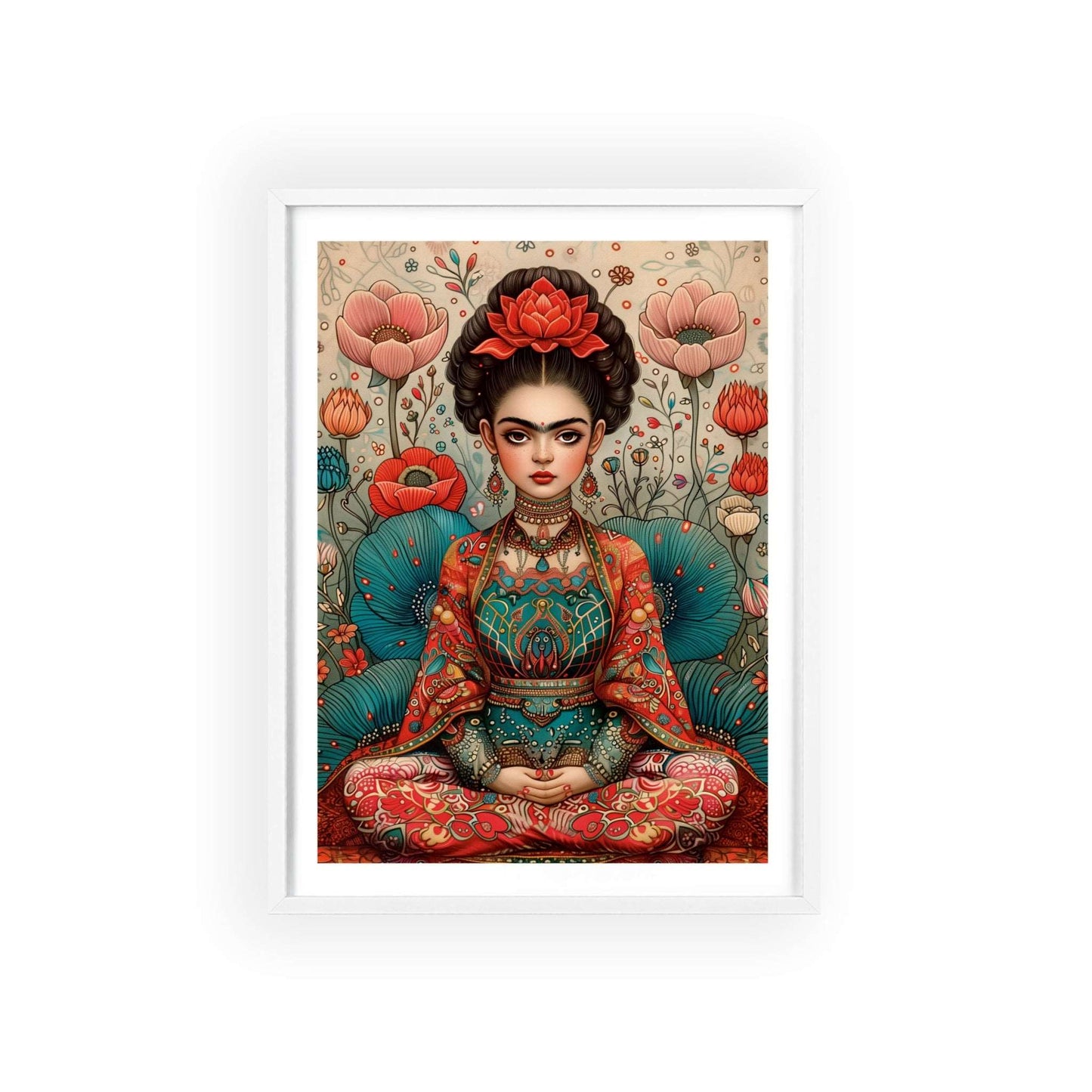 Framed poster featuring a young Frida Kahlo in a meditative pose. She is depicted in a modern vector design with a muted color palette.