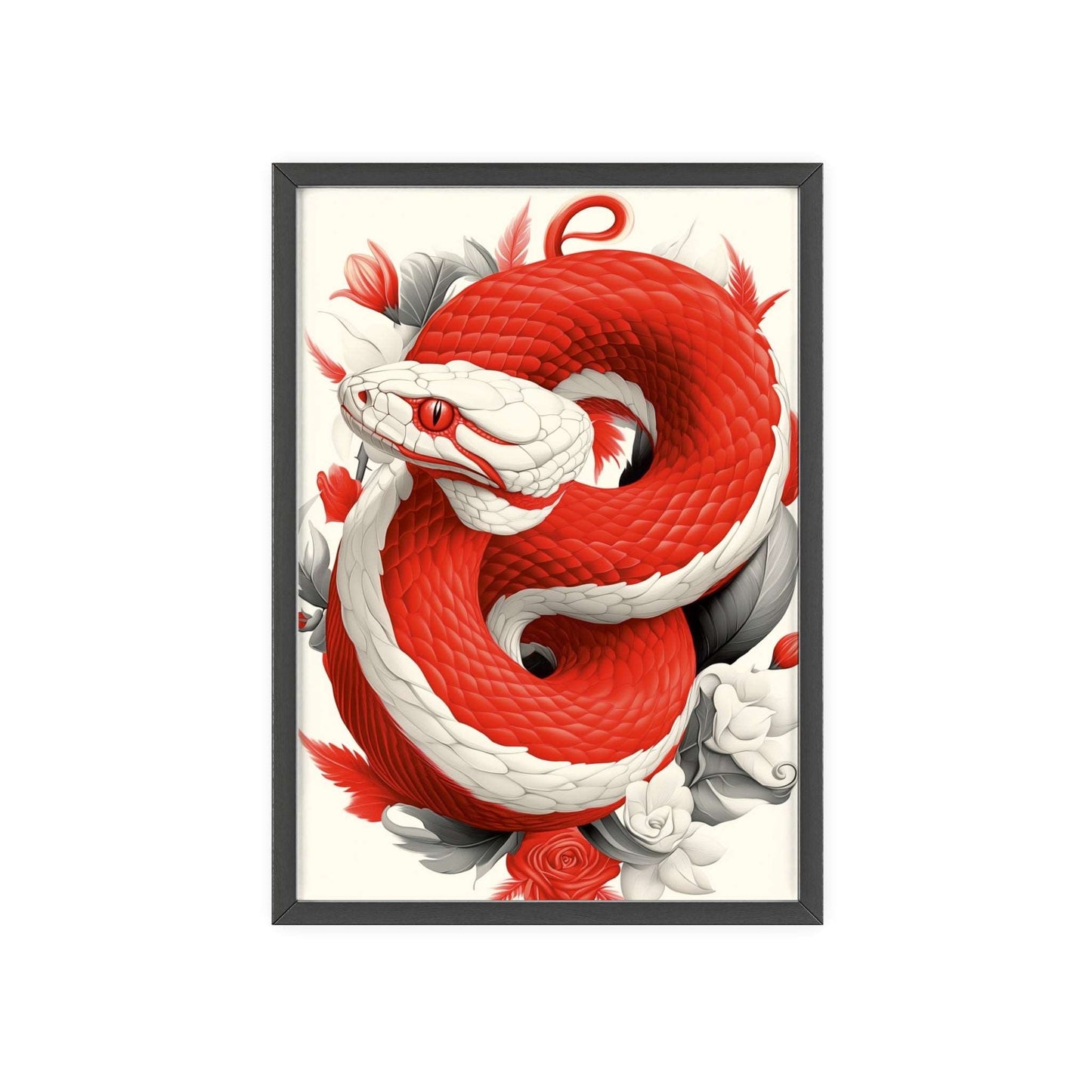 Framed poster featuring a stylized viper among vibrant red flowers.