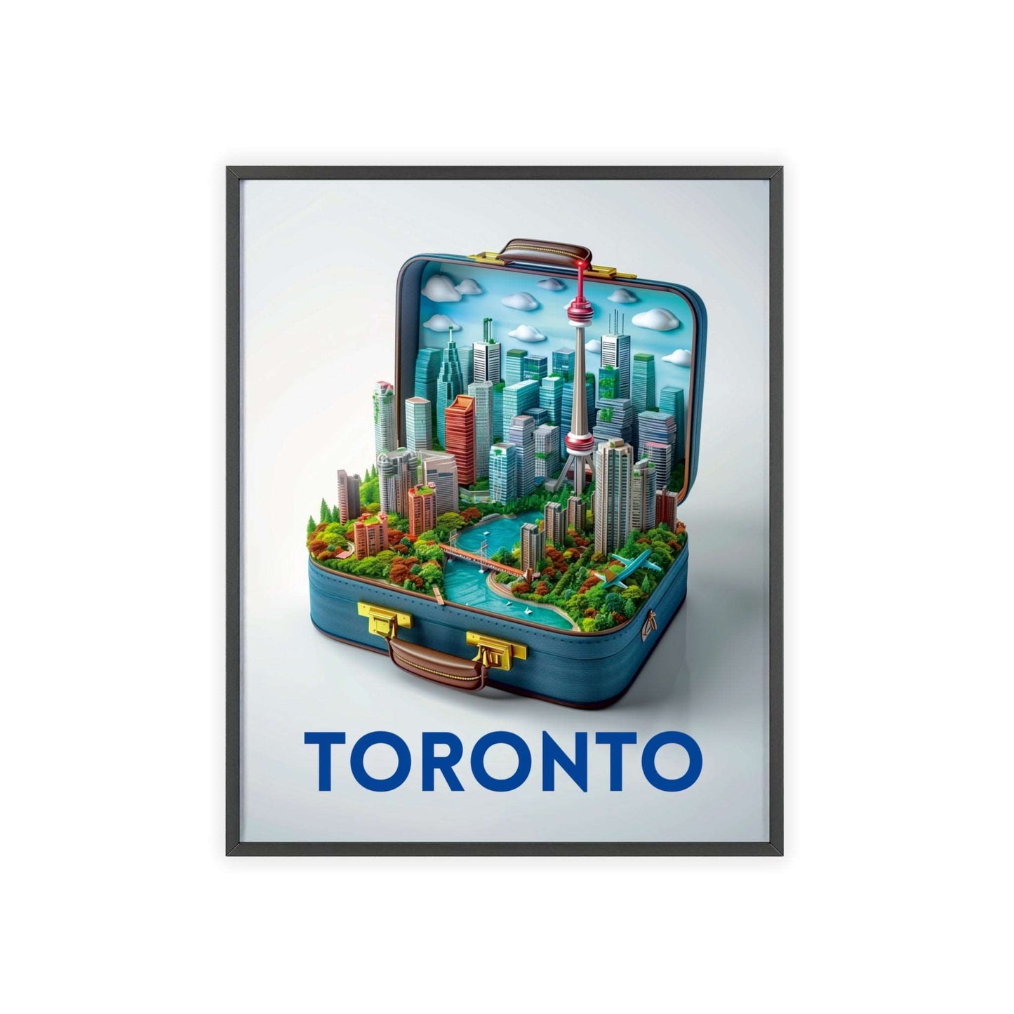 Travel poster titled "Toronto in a Suitcase" featuring a stylized illustration capturing the essence of Toronto. The poster is designed for modern home decor.