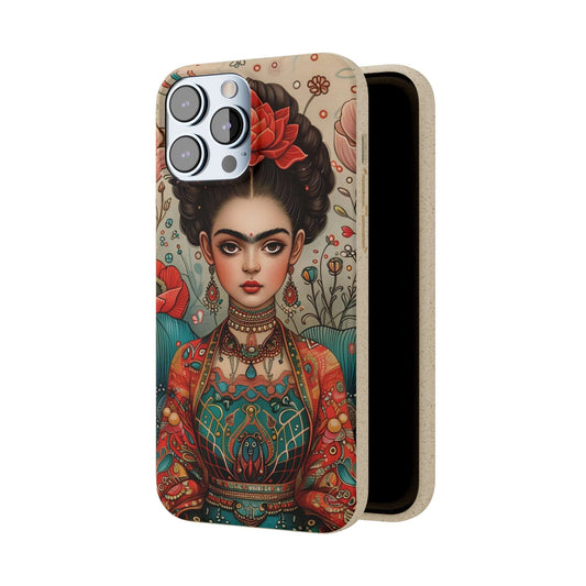 Artistic biodegradable phone case featuring a young Frida Kahlo in meditation, rendered in a modern style