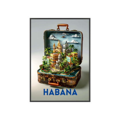 Vibrant Havana in a Suitcase travel poster featuring iconic landmarks, inspiring wanderlust and a love for timeless travel