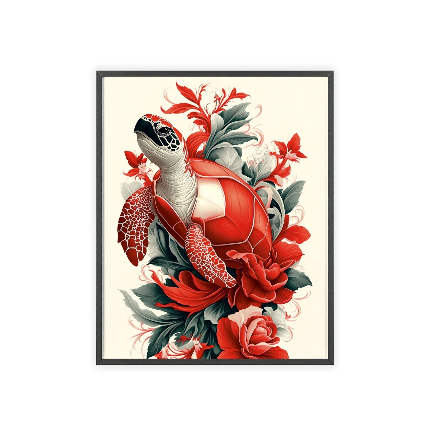 Framed poster of a stylized turtle surrounded by red flowers