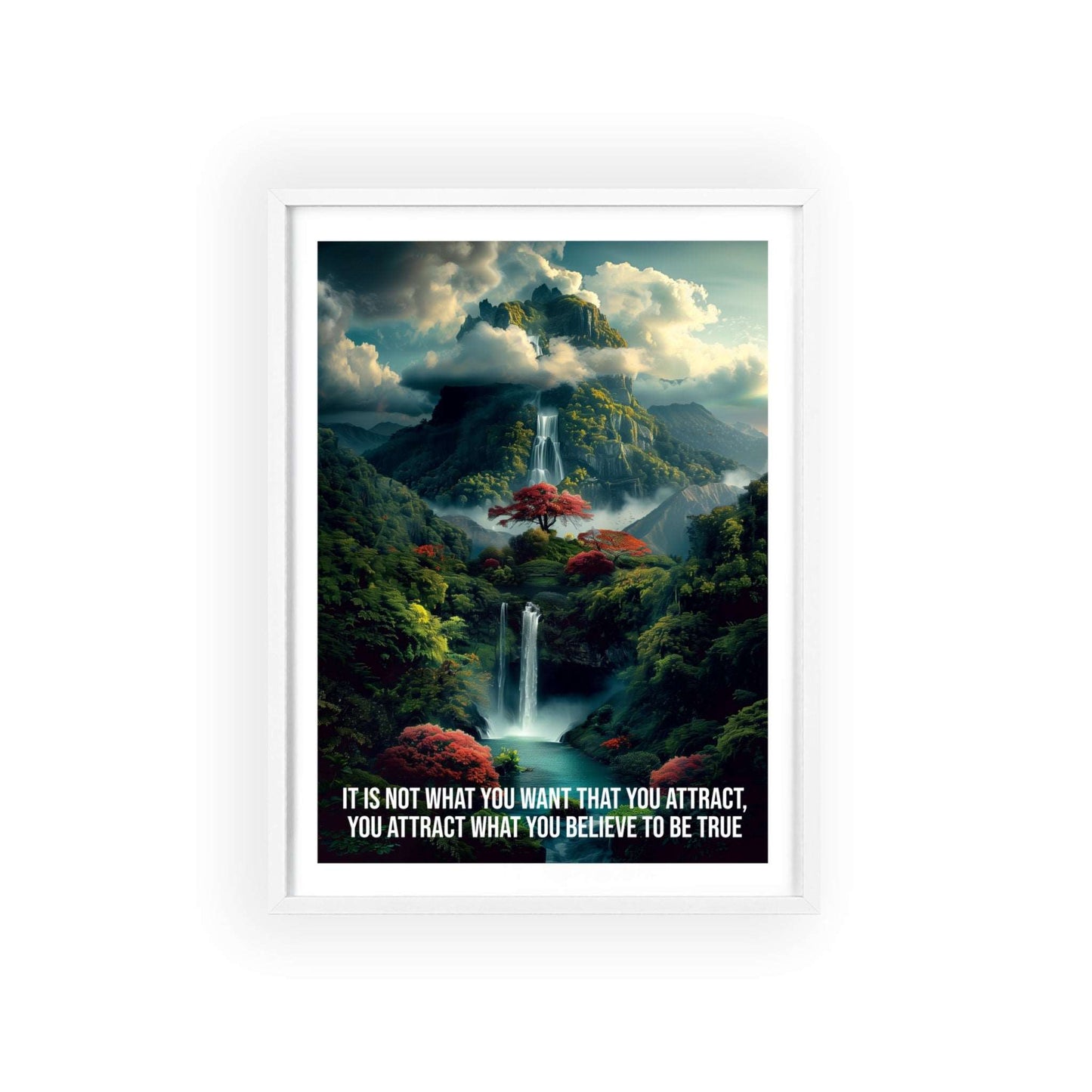 Surreal minimalist art print featuring a powerful waterfall in a lush jungle, with Neville Goddard quote "You attract what you believe to be true"