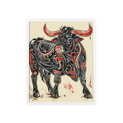 bull poster, animal art, bold design, black and red, wildlife decor, intricate patterns, nature illustration, wall art, dynamic artwork