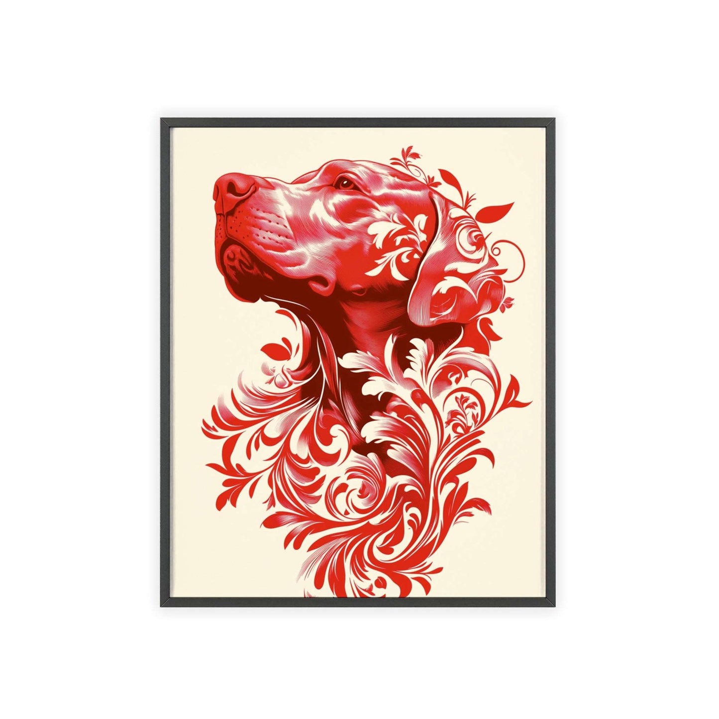 Framed poster showcasing a stylized hound surrounded by vibrant red flowers