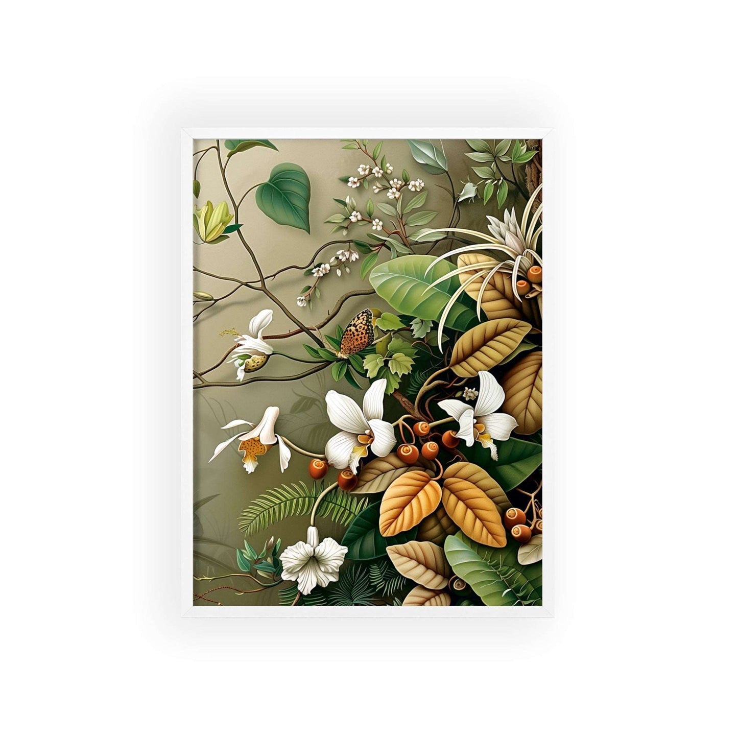 Vintage-style framed poster featuring intricate orchid blooms with delicate petals and stems