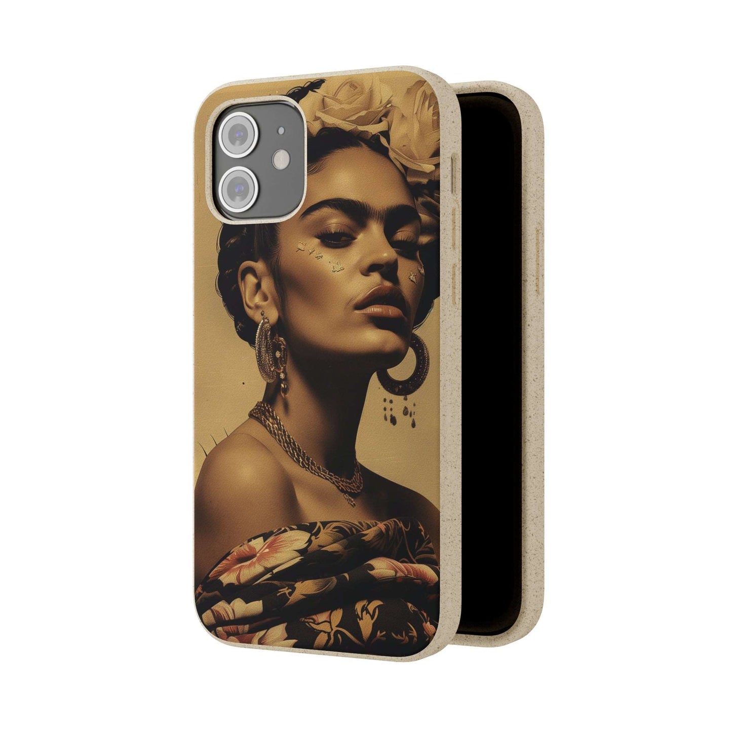 Biodegradable phone case with Frida Kahlo's Cancun 1927 portrait in vintage style.