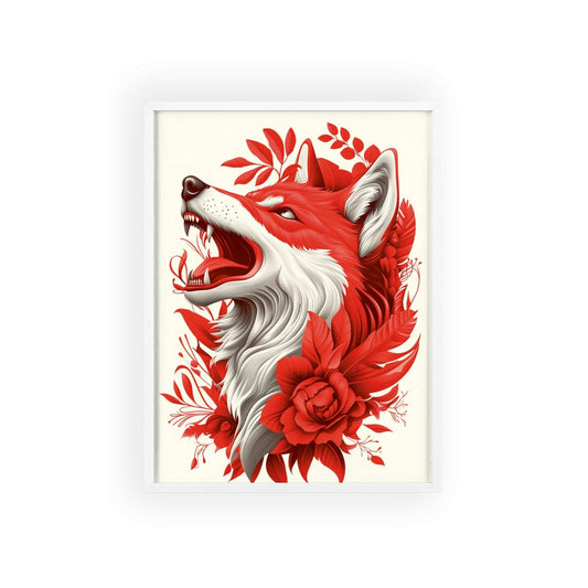 Framed poster of a stylized wolf amidst vibrant red flowers.