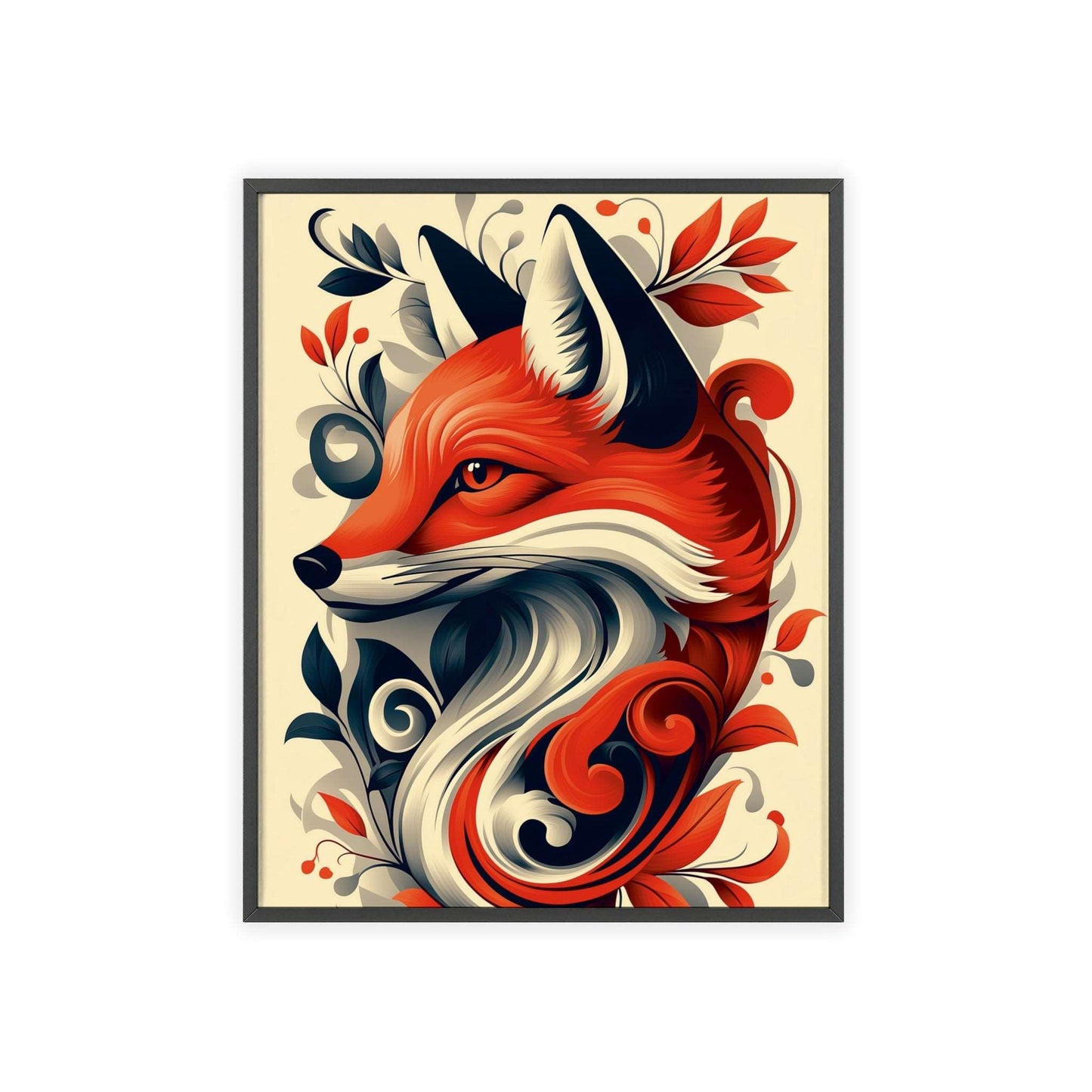 Framed poster of a stylized fox amidst vibrant red flowers