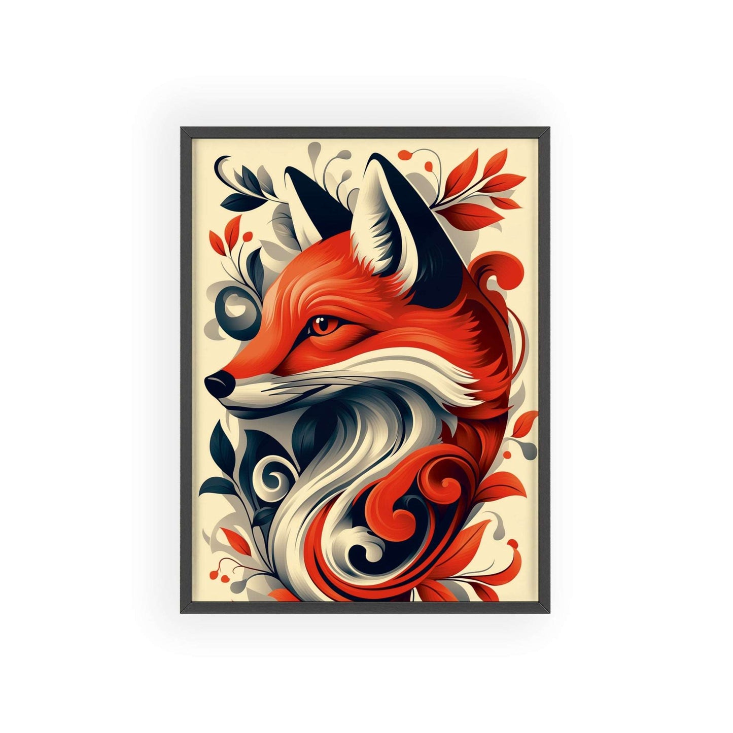 Framed poster of a stylized fox amidst vibrant red flowers