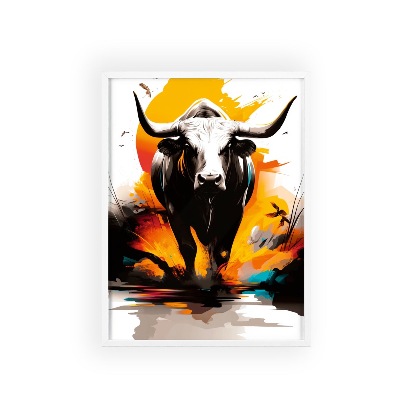 Vibrant digital illustration of a mystical bull featuring geometric shapes and bold colors, part of the Mystical Beasts Collection framed poster series.