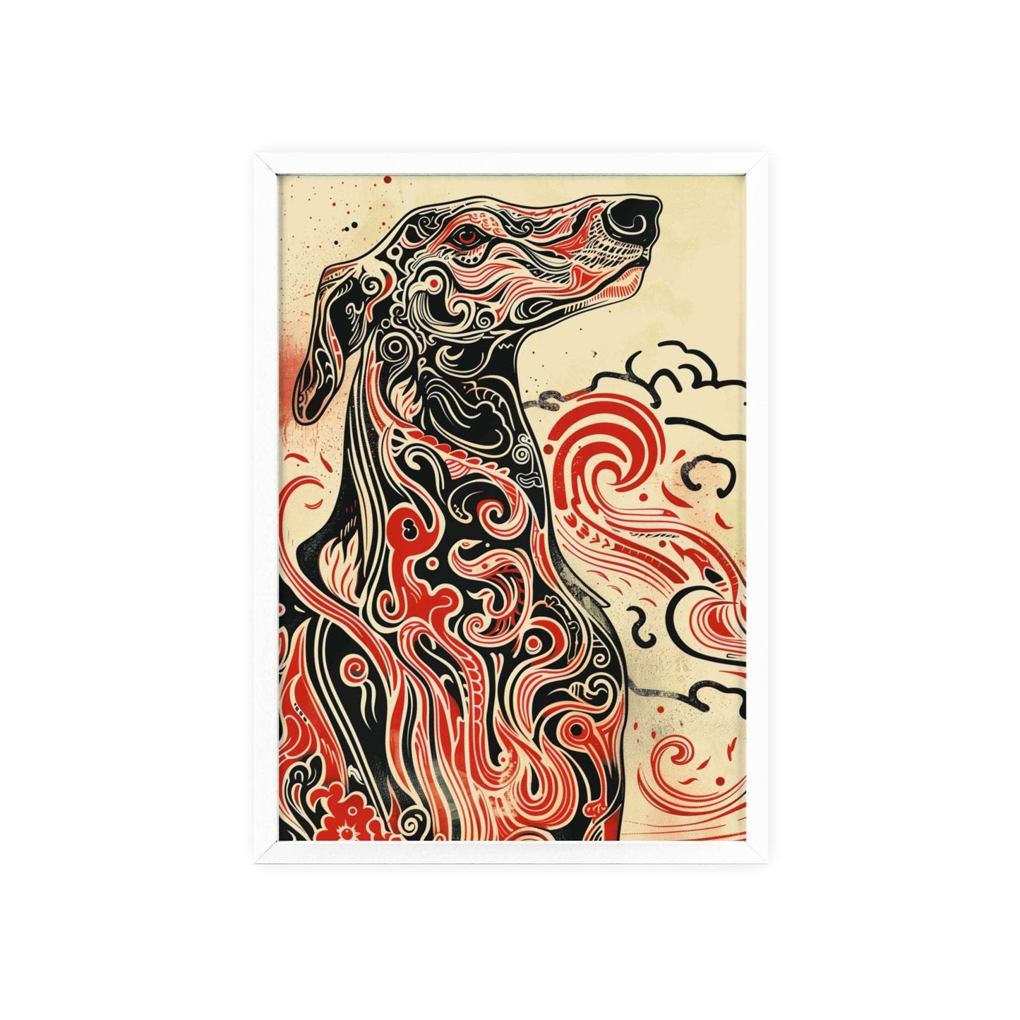 dog poster, animal art, bold design, black and red, wildlife decor, intricate patterns, majestic dog, nature illustration, wall art, dynamic artwork