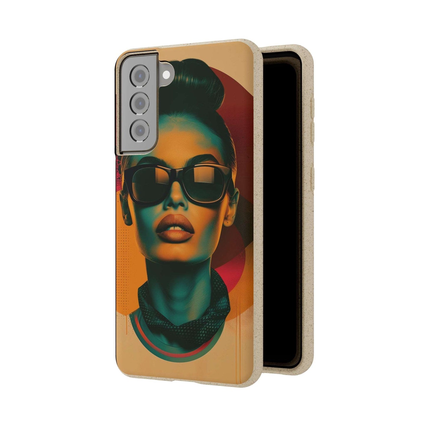 Madrid-themed phone case with a vibrant retro portrait design in biodegradable materials, compatible with iPhone and Samsung.