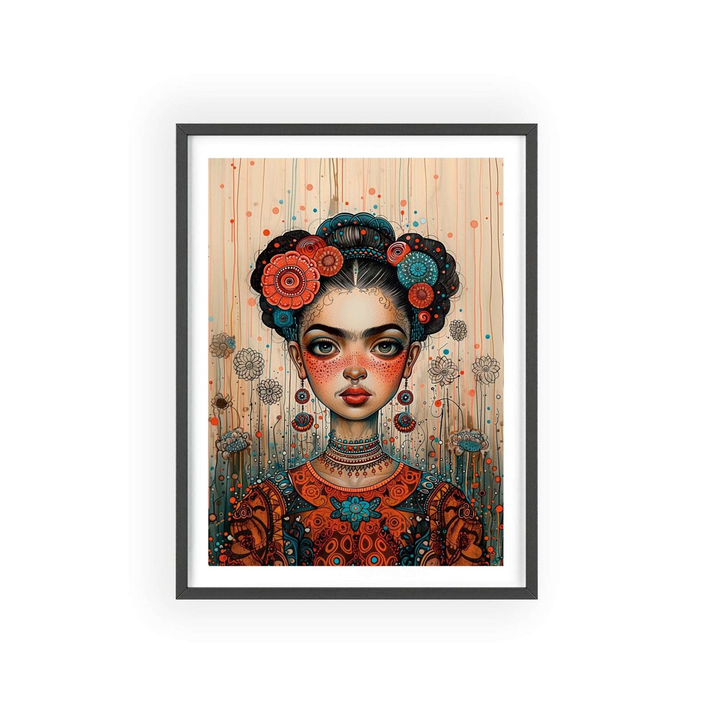 Framed poster titled "Frida in the Timeless Metaverse - Portrait". The poster depicts Frida Kahlo in a style reminiscent of Mab Graves and Klimt