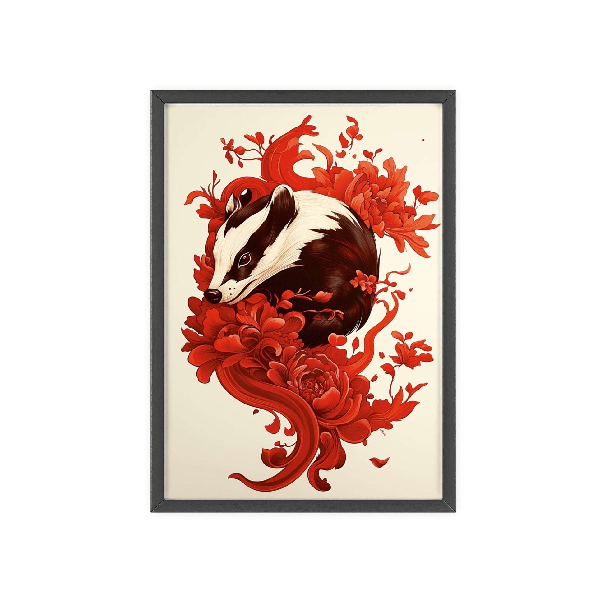 Framed poster of a stylized badger surrounded by red flowers