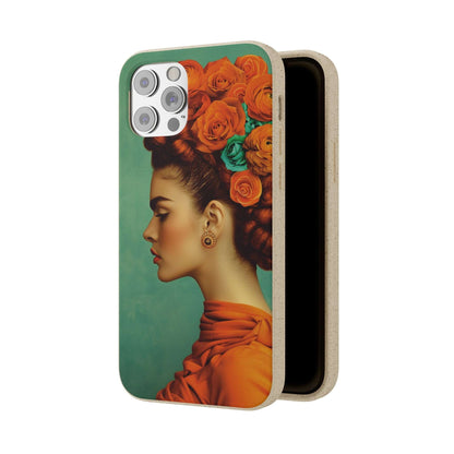 Vibrant orange biodegradable phone case featuring a stylized portrait of Frida Kahlo with aquamarine accents.