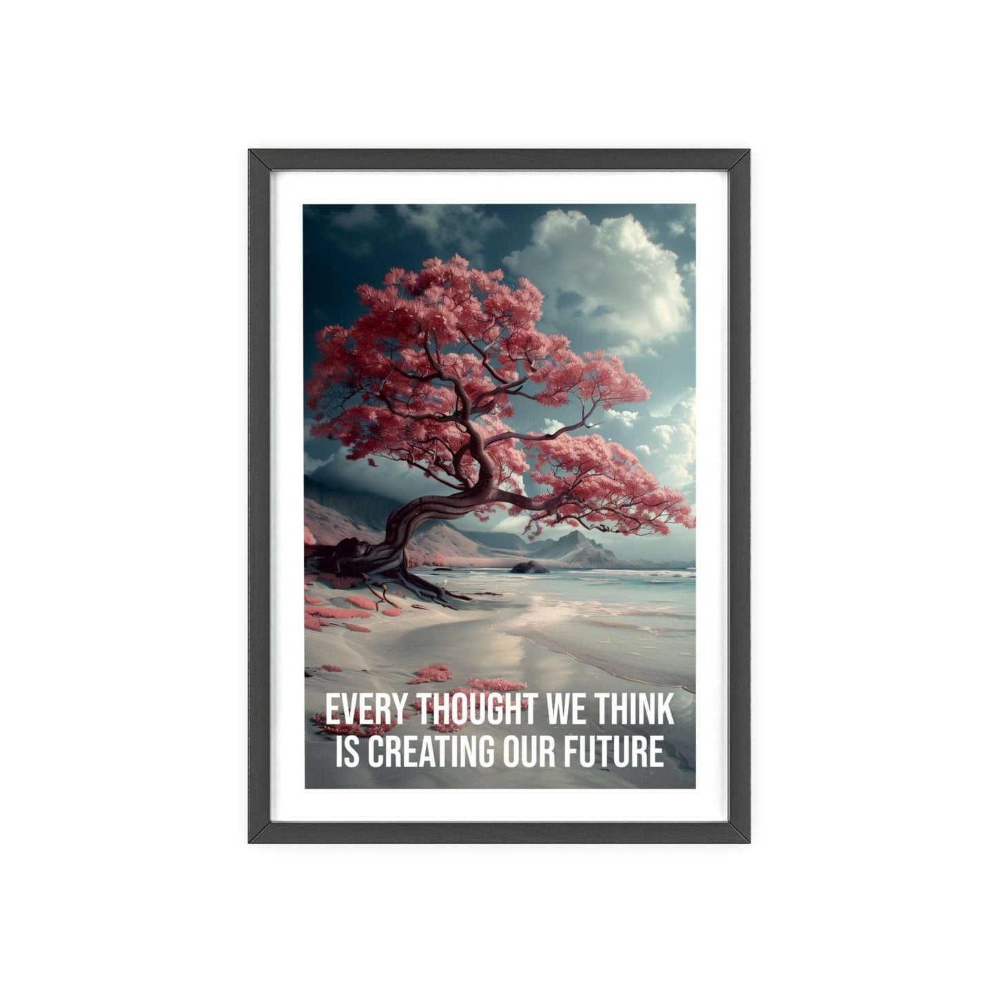 Surreal minimalist art print featuring a solitary tree on a lake shore, with Louise Hay quote "Every thought we think is creating our future"