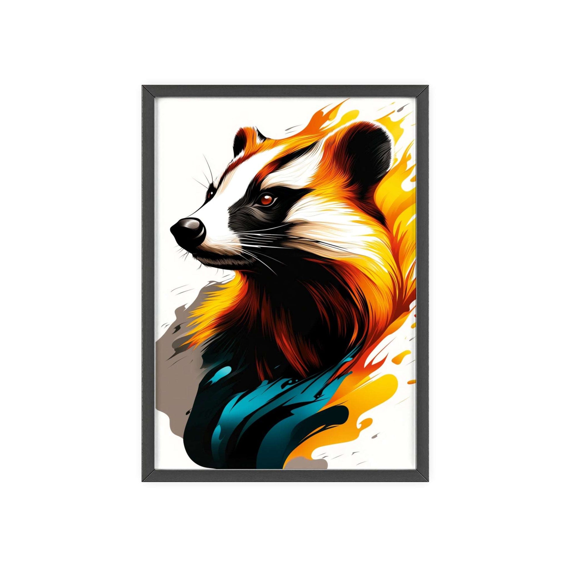 Colorful pop art-style poster of a badger with geometric shapes and vibrant hues from the Mystical Beasts Collection