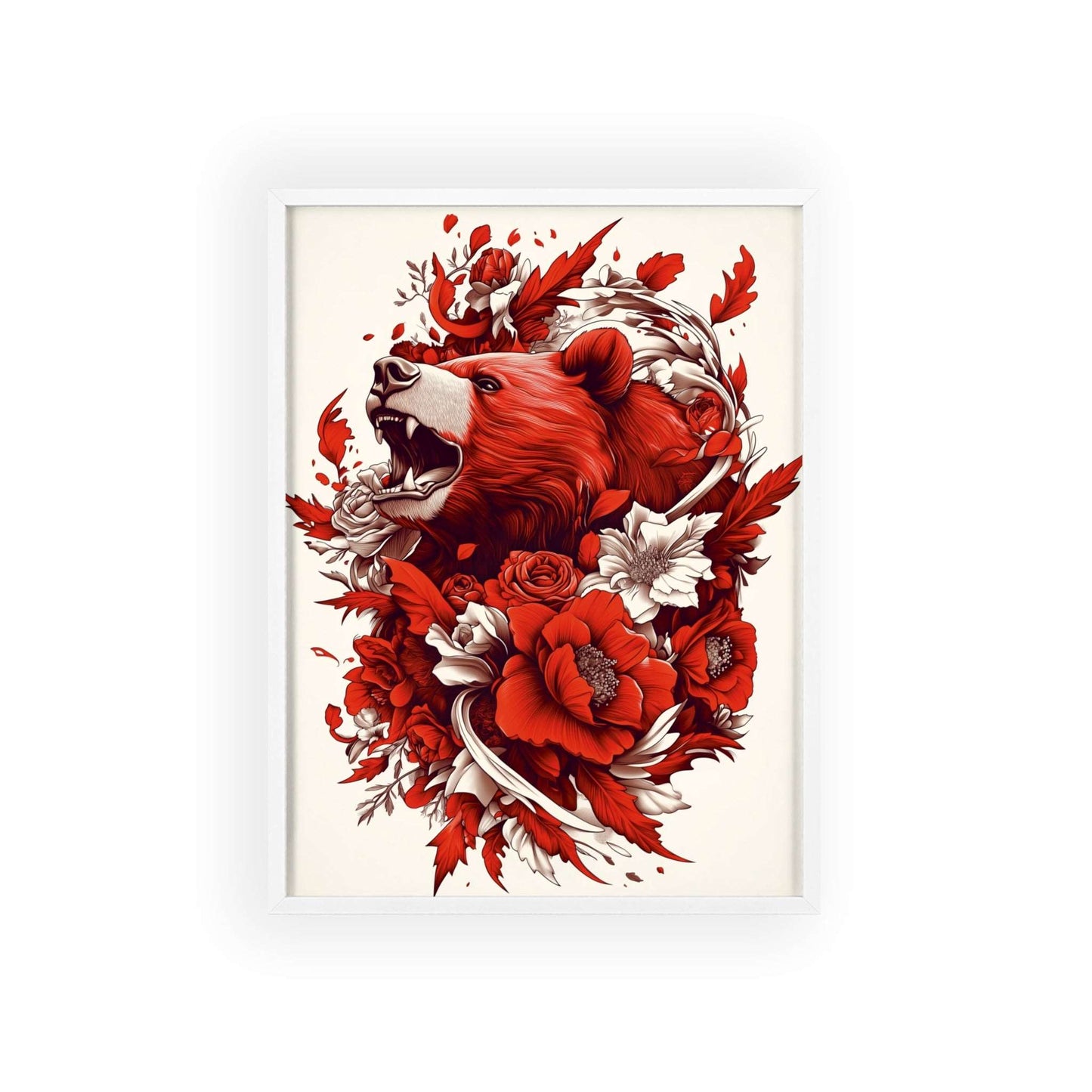 Framed poster of a stylized bear surrounded by red flowers