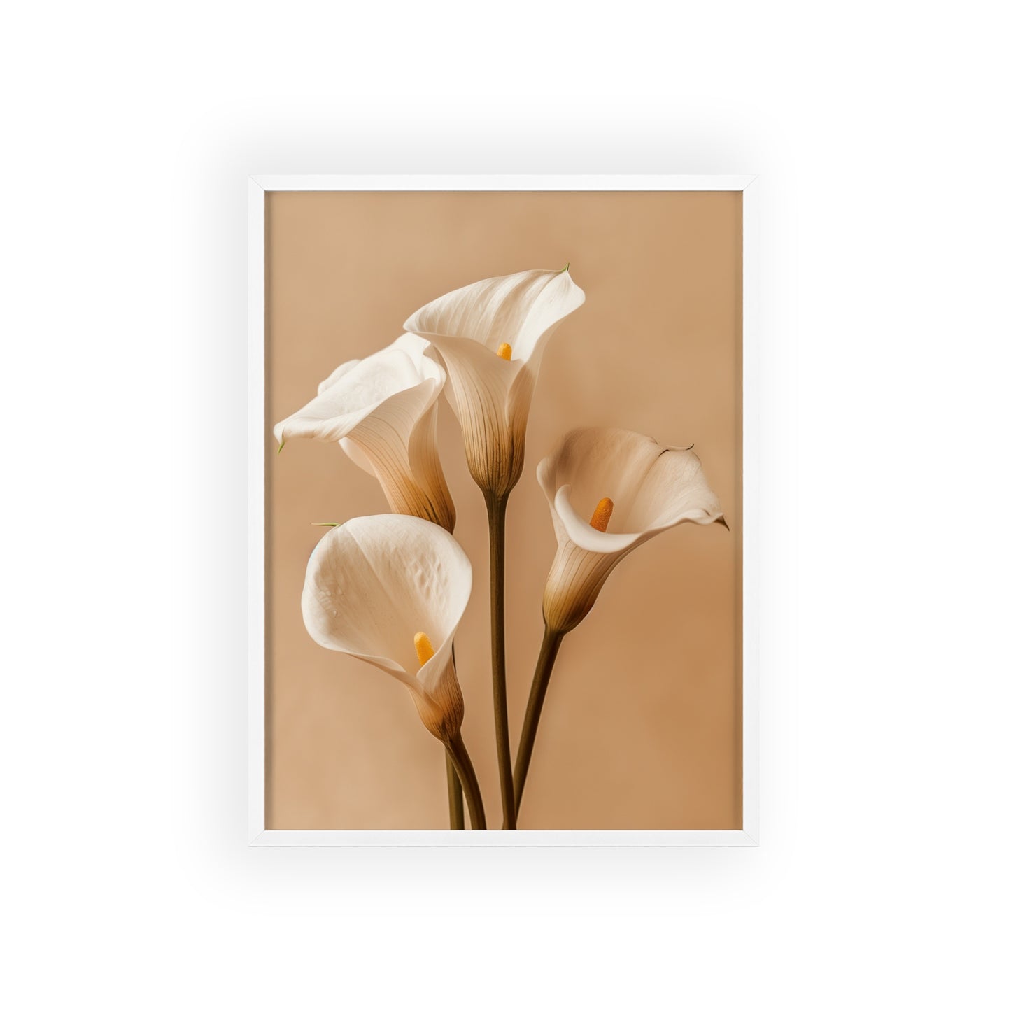 Vintage-style framed poster featuring elegant calla lily blooms with sleek, curving stems