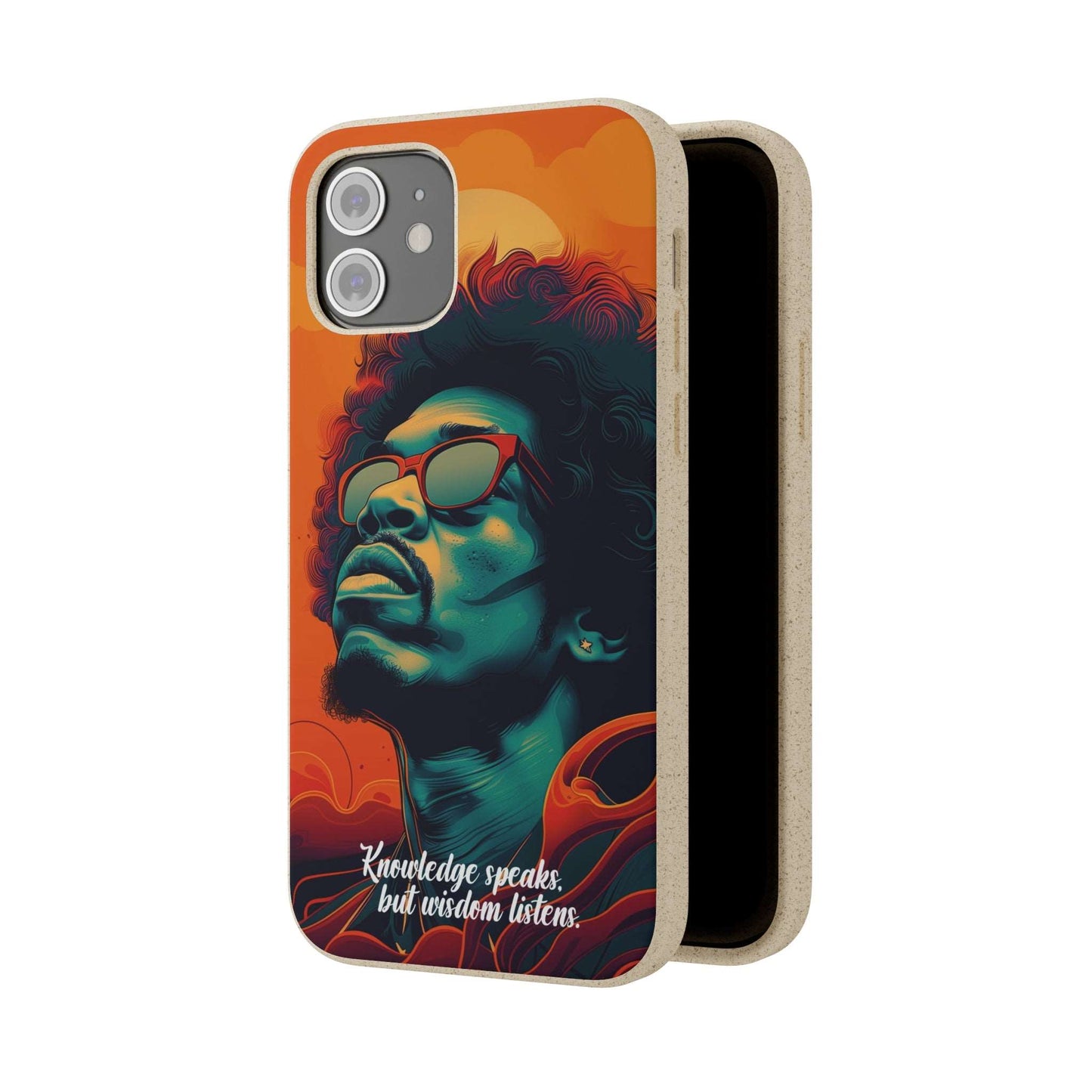 Stylish biodegradable phone case featuring Jimi Hendrix's quote "Knowledge speaks, but Wisdom listens" in an artistic design.