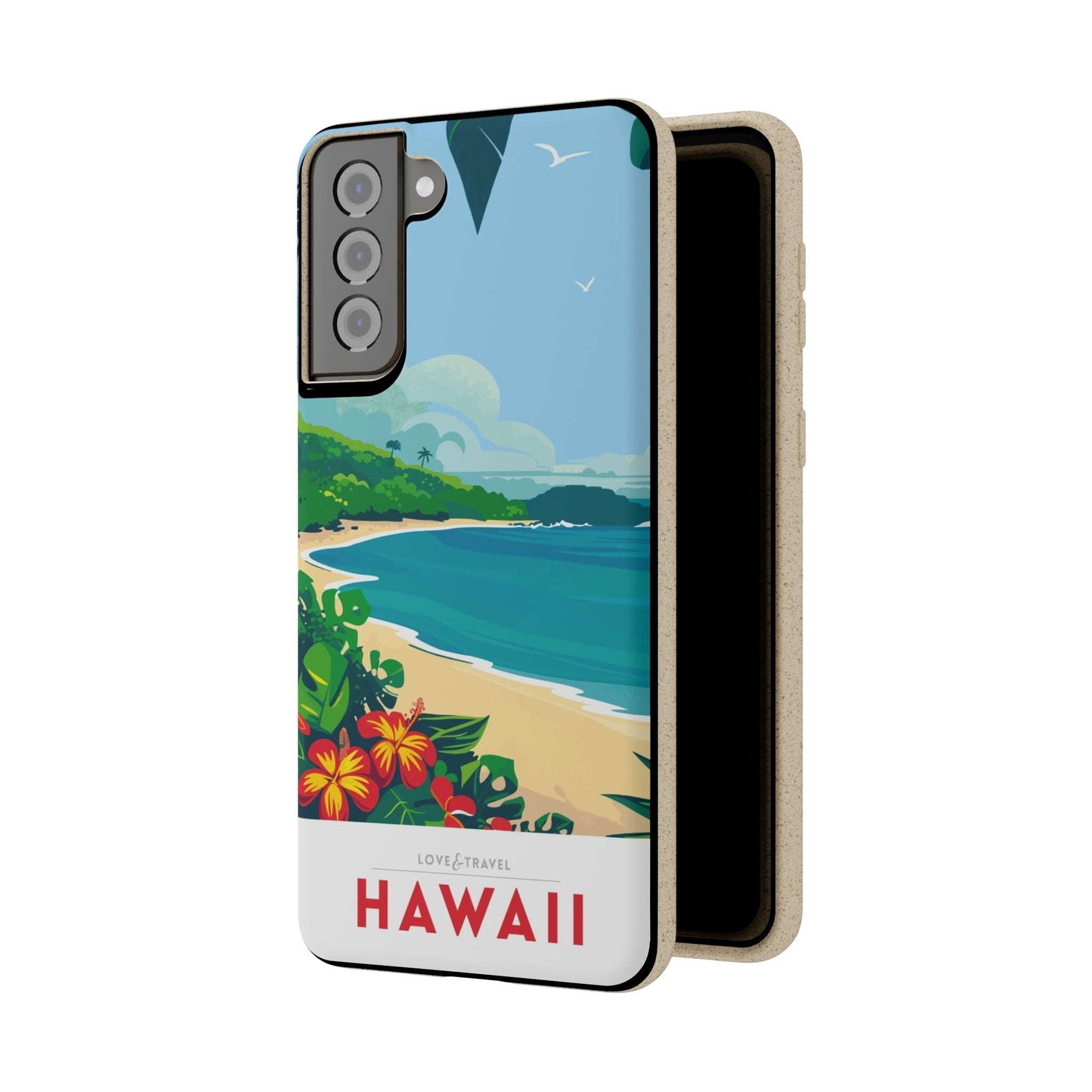 Vibrant biodegradable phone case featuring a colorful Hawaii-inspired travel poster design.