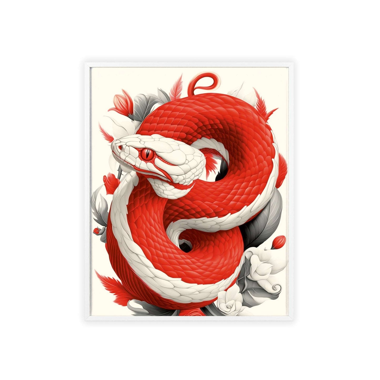 Framed poster featuring a stylized viper among vibrant red flowers.