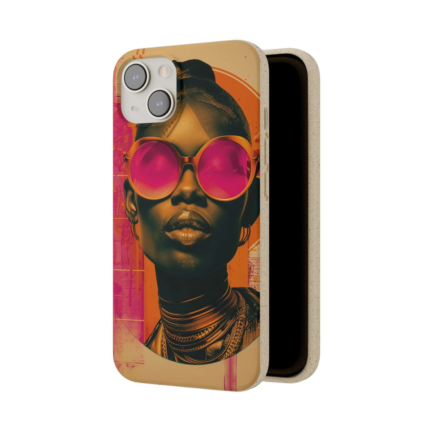 Lagos-inspired phone case with bold African motifs and biodegradable materials, compatible with iPhone and Samsung models.