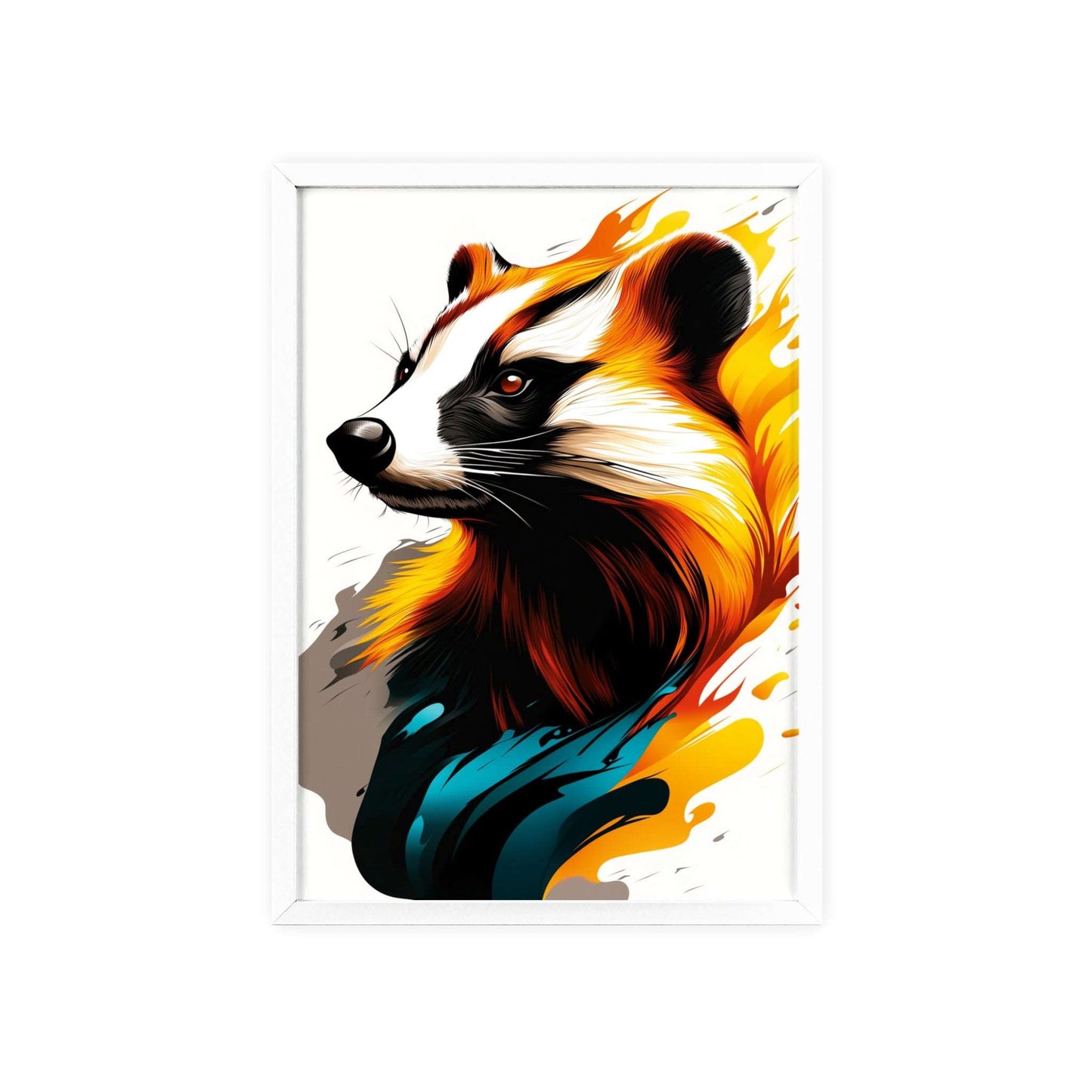 Colorful pop art-style poster of a badger with geometric shapes and vibrant hues from the Mystical Beasts Collection