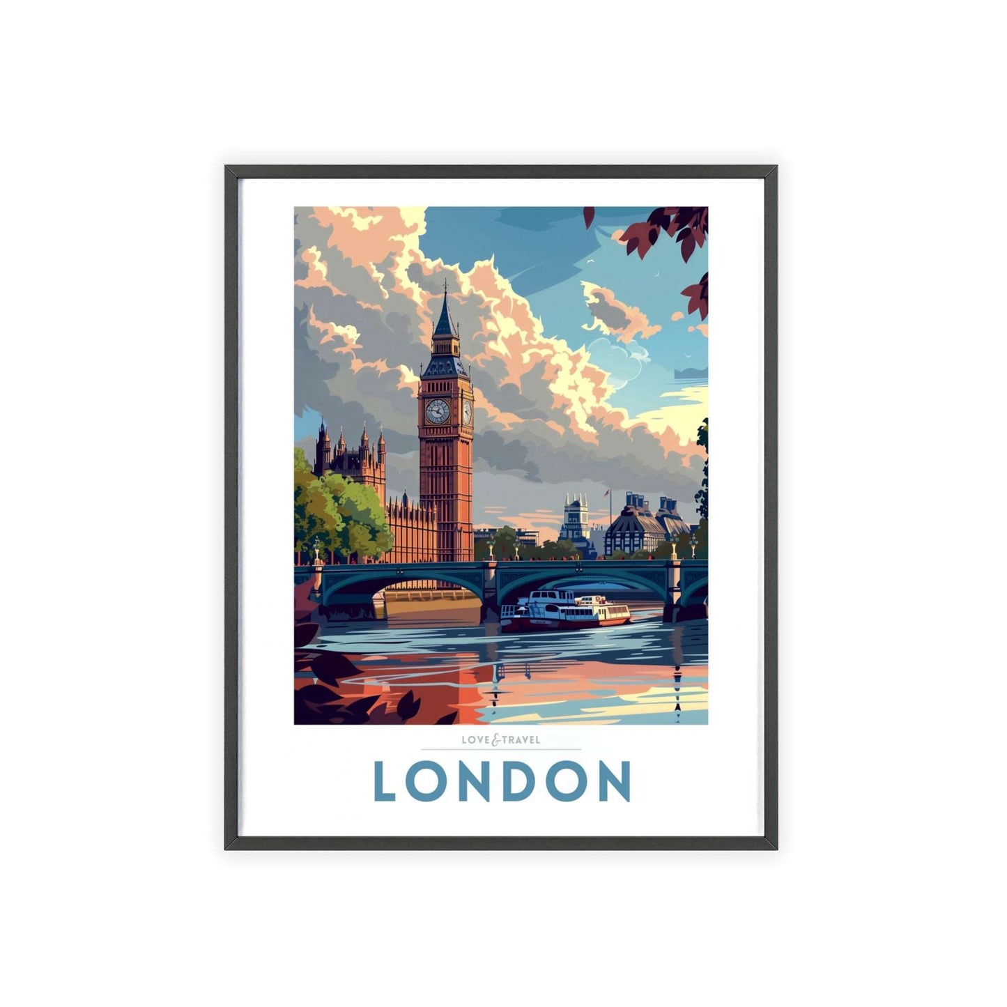 Elegant travel poster of London, showcasing iconic landmarks like Big Ben and the London Eye, perfect for adding a touch of nostalgia and sophistication to any home decor