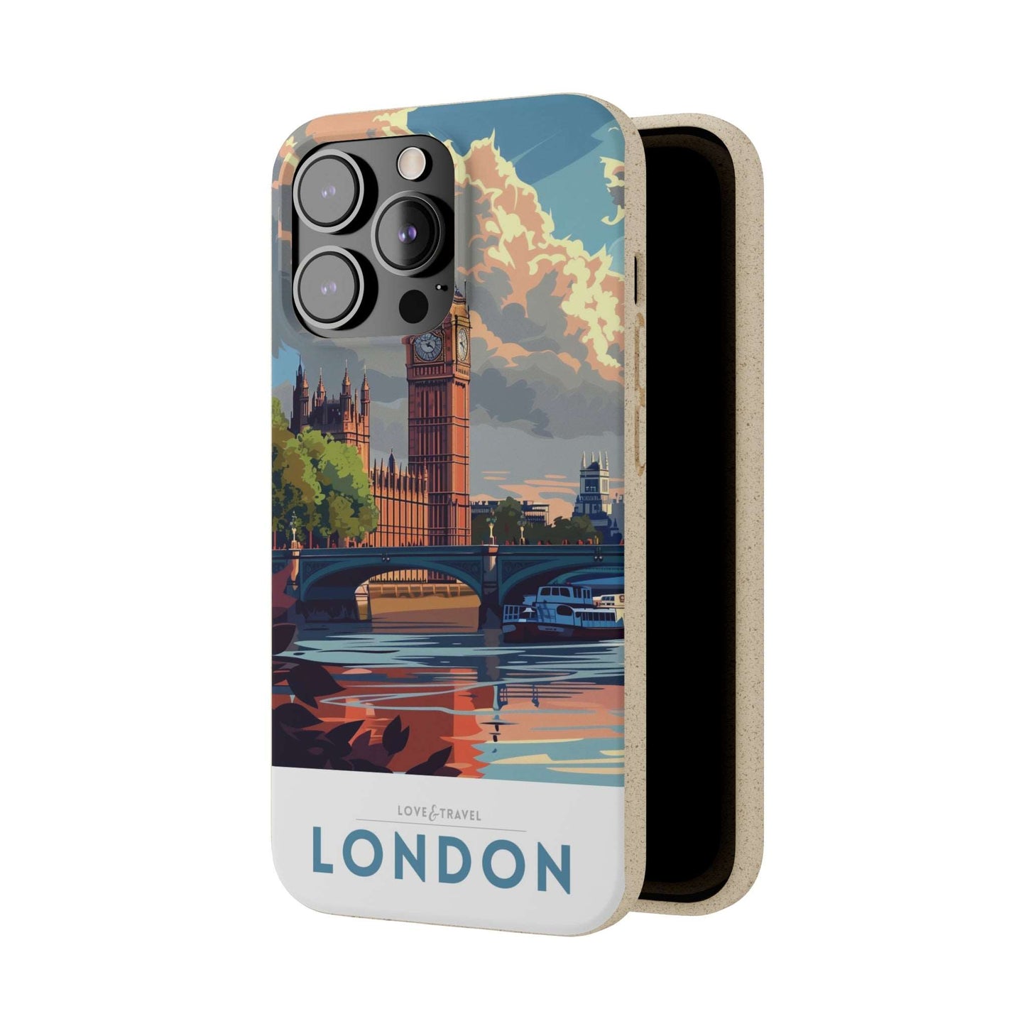 Stylish biodegradable phone case featuring a minimalist London-themed travel poster design.