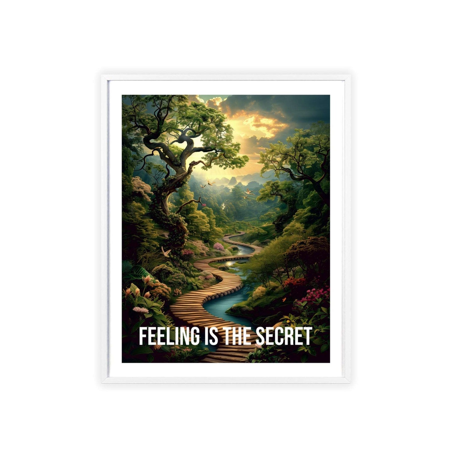 urreal minimalist art print featuring a winding forest path with sunbeams, and Neville Goddard quote "Feeling is the secret"