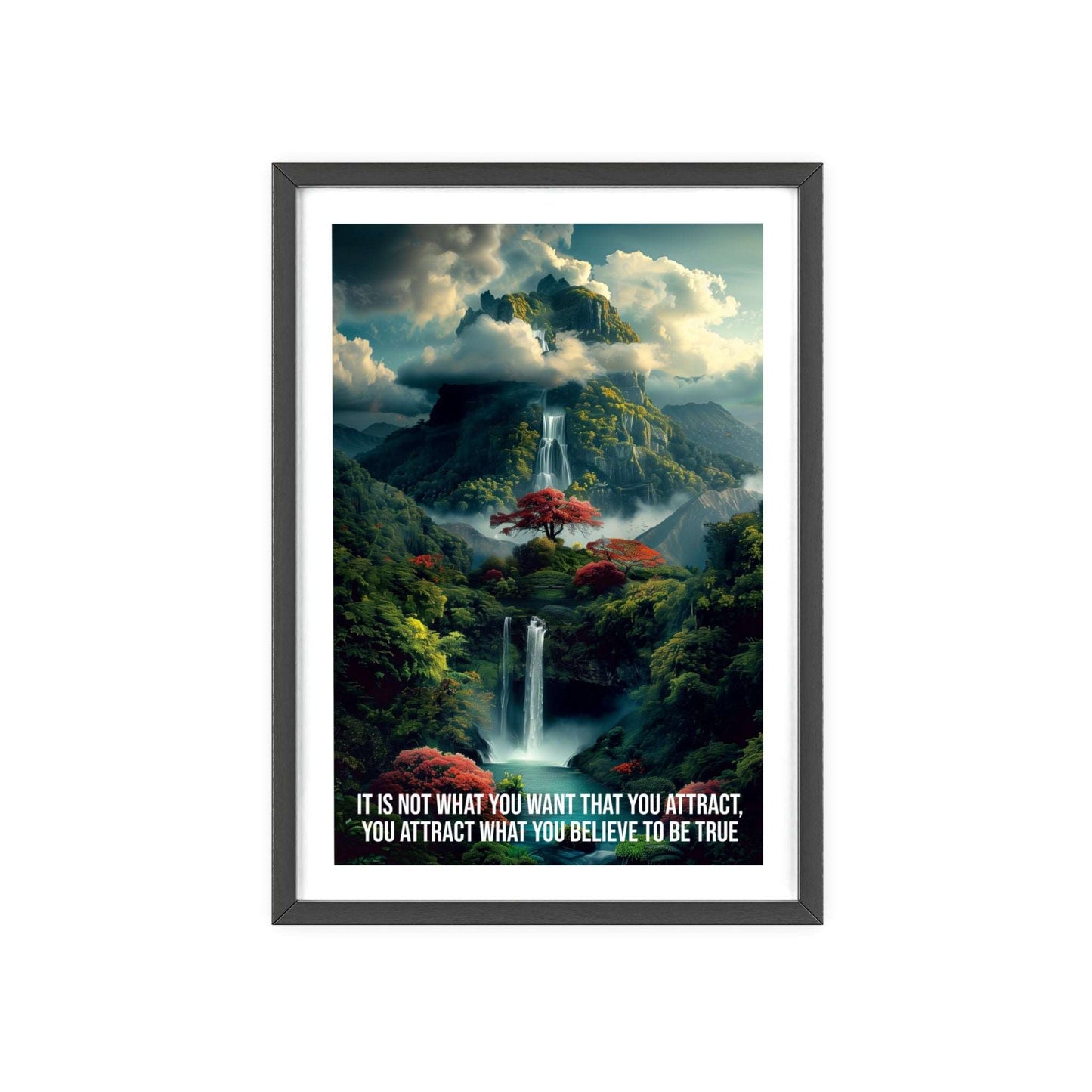 Surreal minimalist art print featuring a powerful waterfall in a lush jungle, with Neville Goddard quote "You attract what you believe to be true"