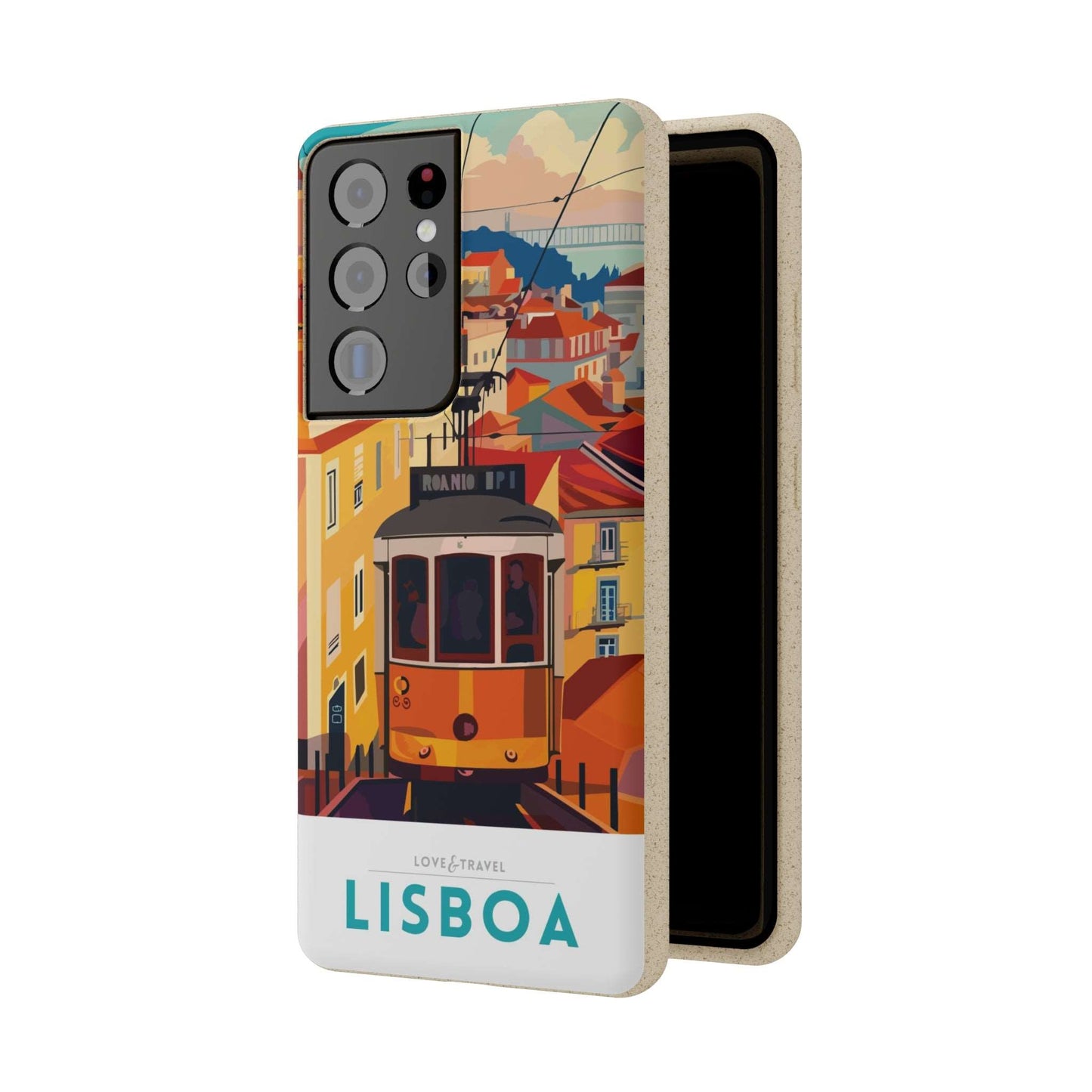 Colorful biodegradable phone case featuring a stylized travel poster design of Lisbon, Portugal.