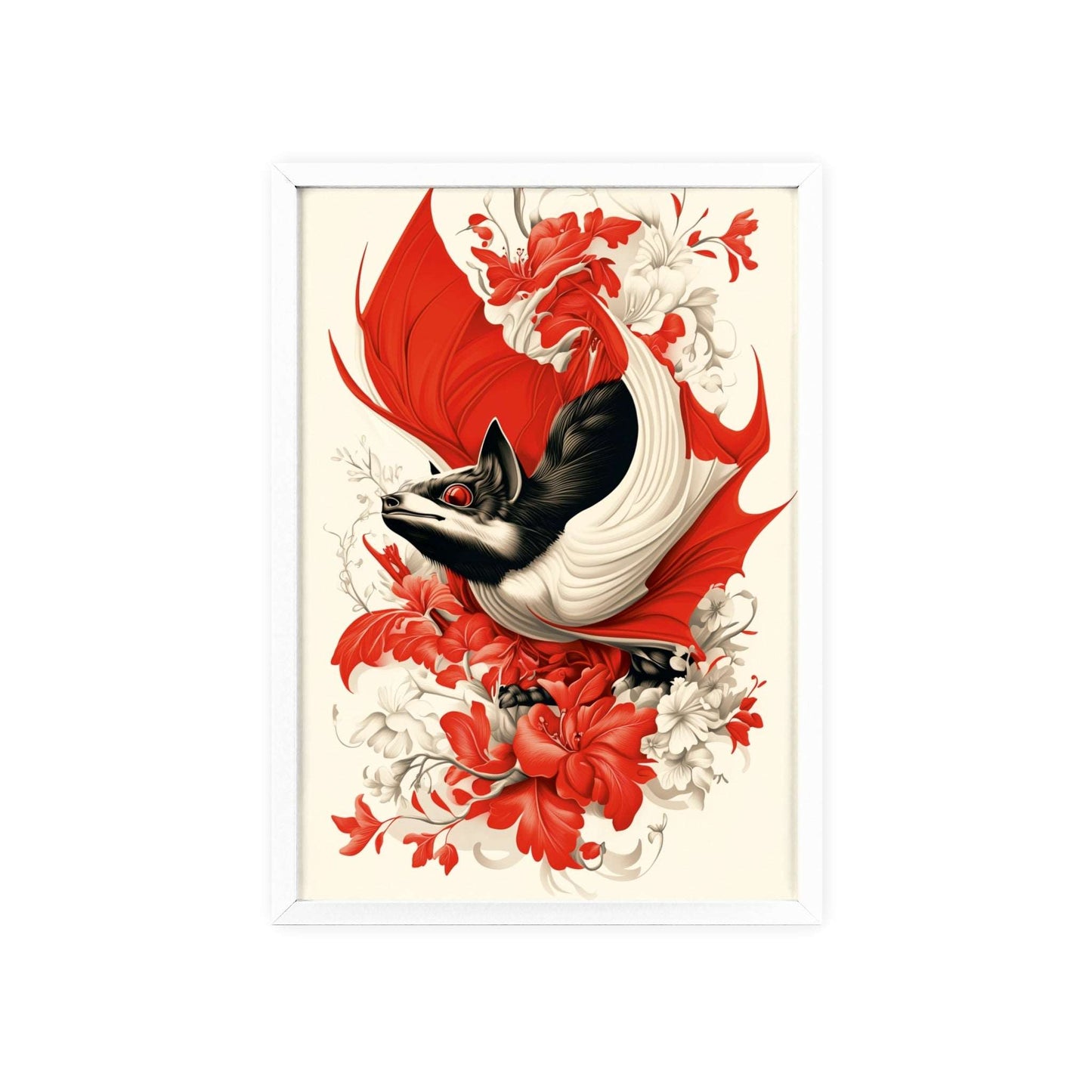 Framed poster featuring a stylized bat amidst vibrant red flowers