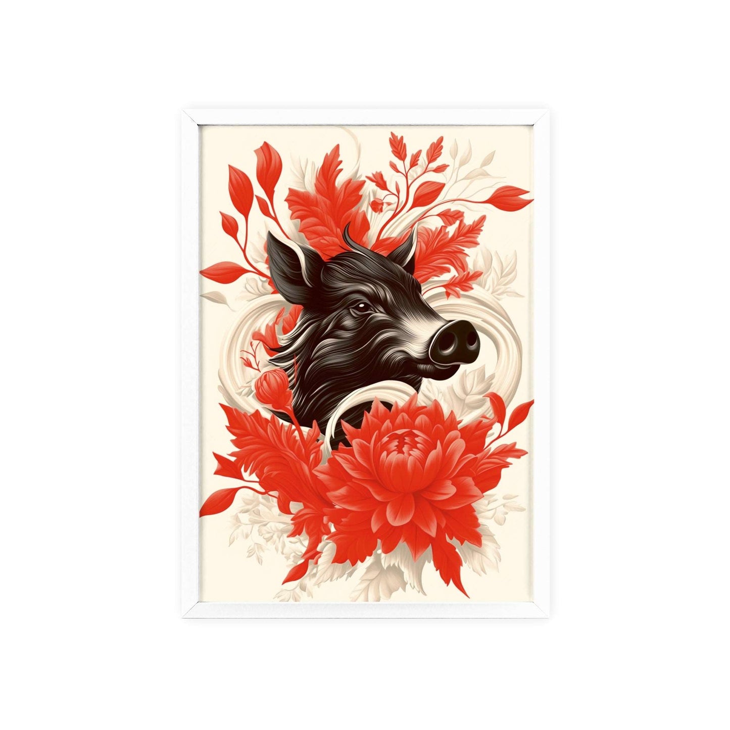 Framed poster of a stylized wild boar surrounded by red flowers.