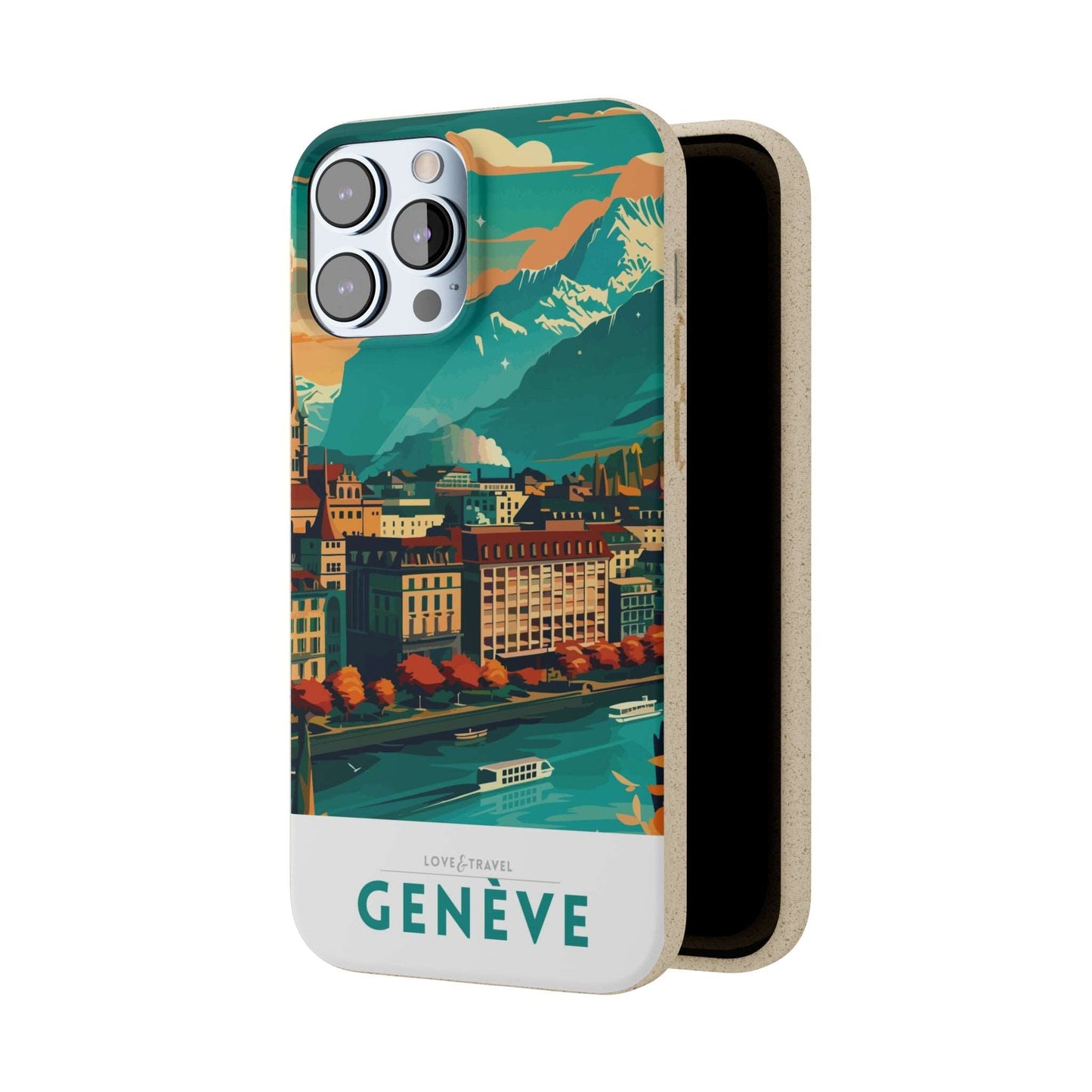 Colorful biodegradable phone case featuring a stylized travel poster design of Geneva, Switzerland.