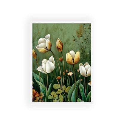 Vintage-style framed poster featuring delicate tulip blooms in soft, muted colors