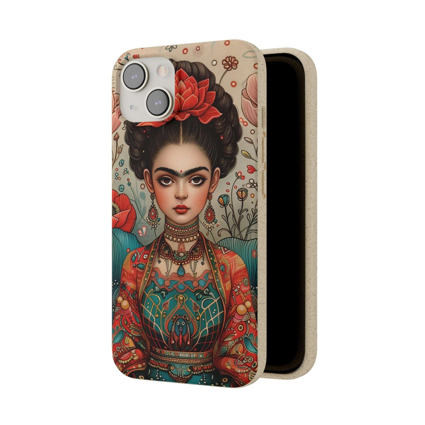 Artistic biodegradable phone case featuring a young Frida Kahlo in meditation, rendered in a modern style